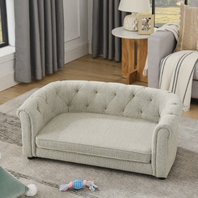 Pet Sofa With Arc-shaped Backrest And Armrests, Contemporary Rectangular Pet Sofa Crafted From Breathable Linen Cozy Soft Cushion Dog Sofa