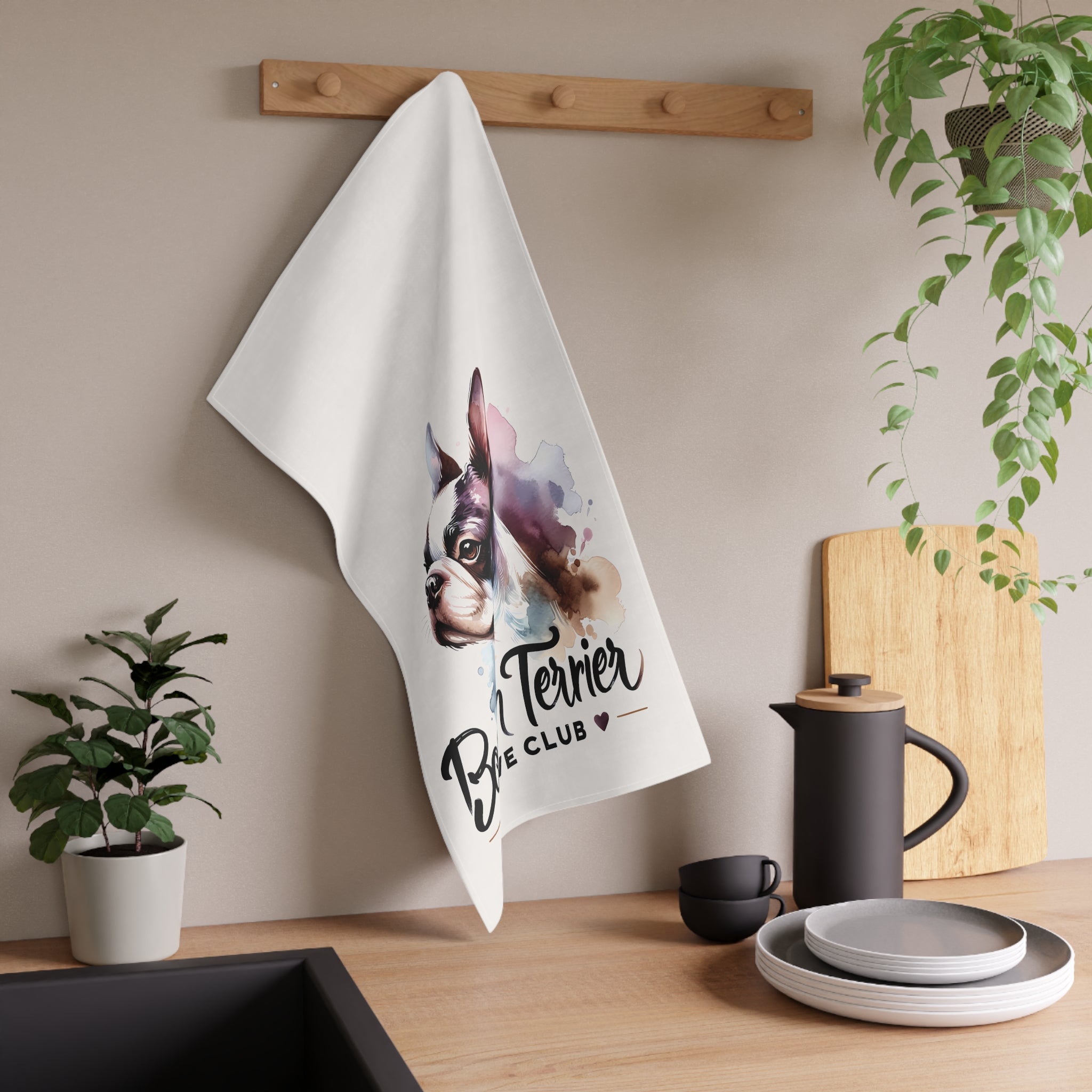 Boston Terrier Love Club - Elegant Watercolor Boston Terrier Art Kitchen Towel