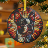 Colorful Geometric Boston Terrier Stained Glass Ornaments - Red and Warm