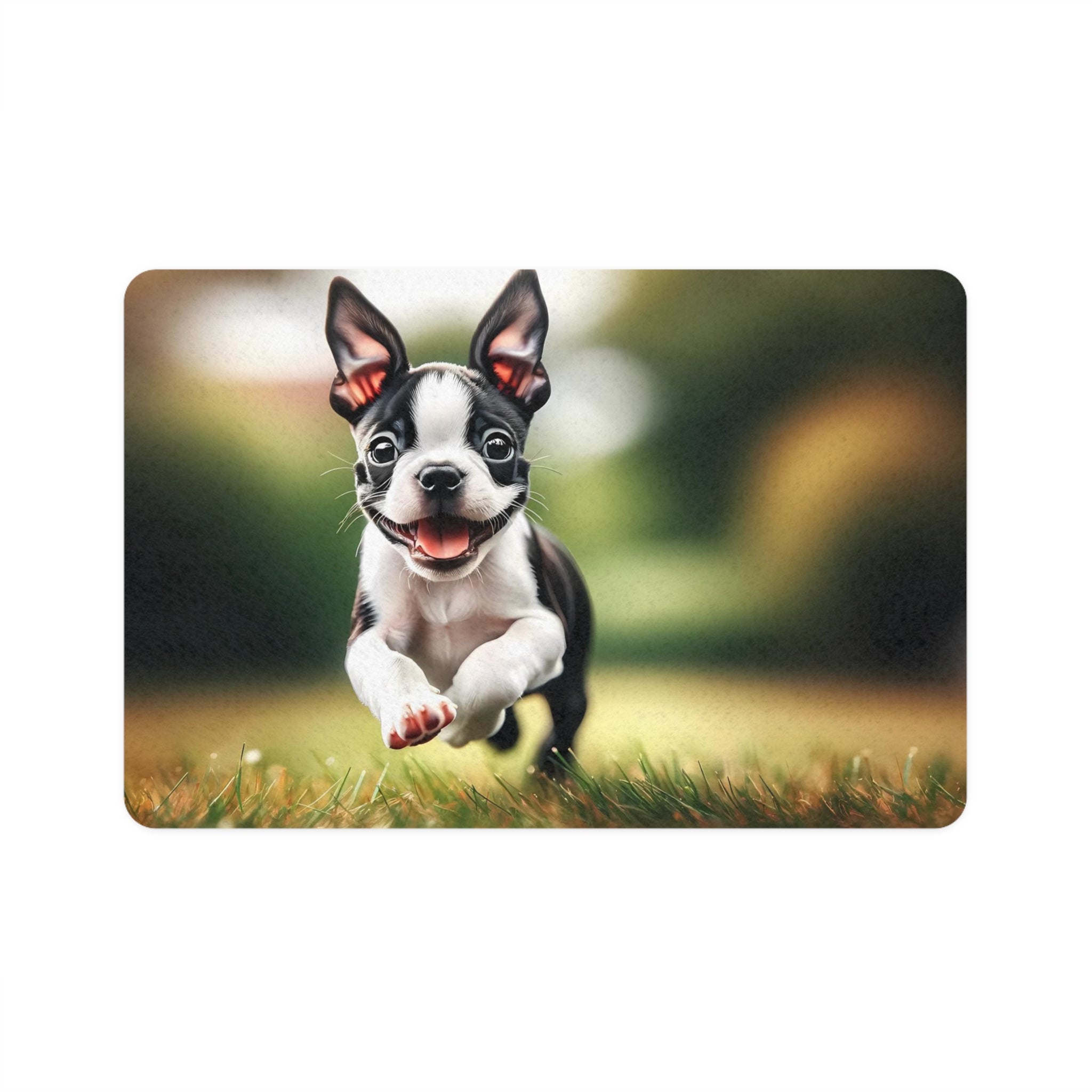 Dog Food Mat - Playful Boston Terrier Puppy Pet Feeding Mat (12x18)