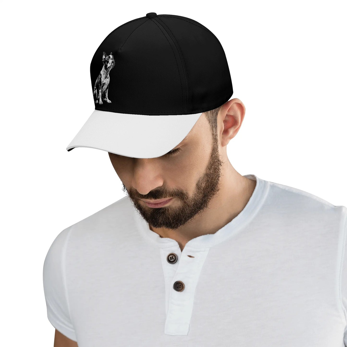 Boston Terrier Dog Sits - Black And White Baseball Cap