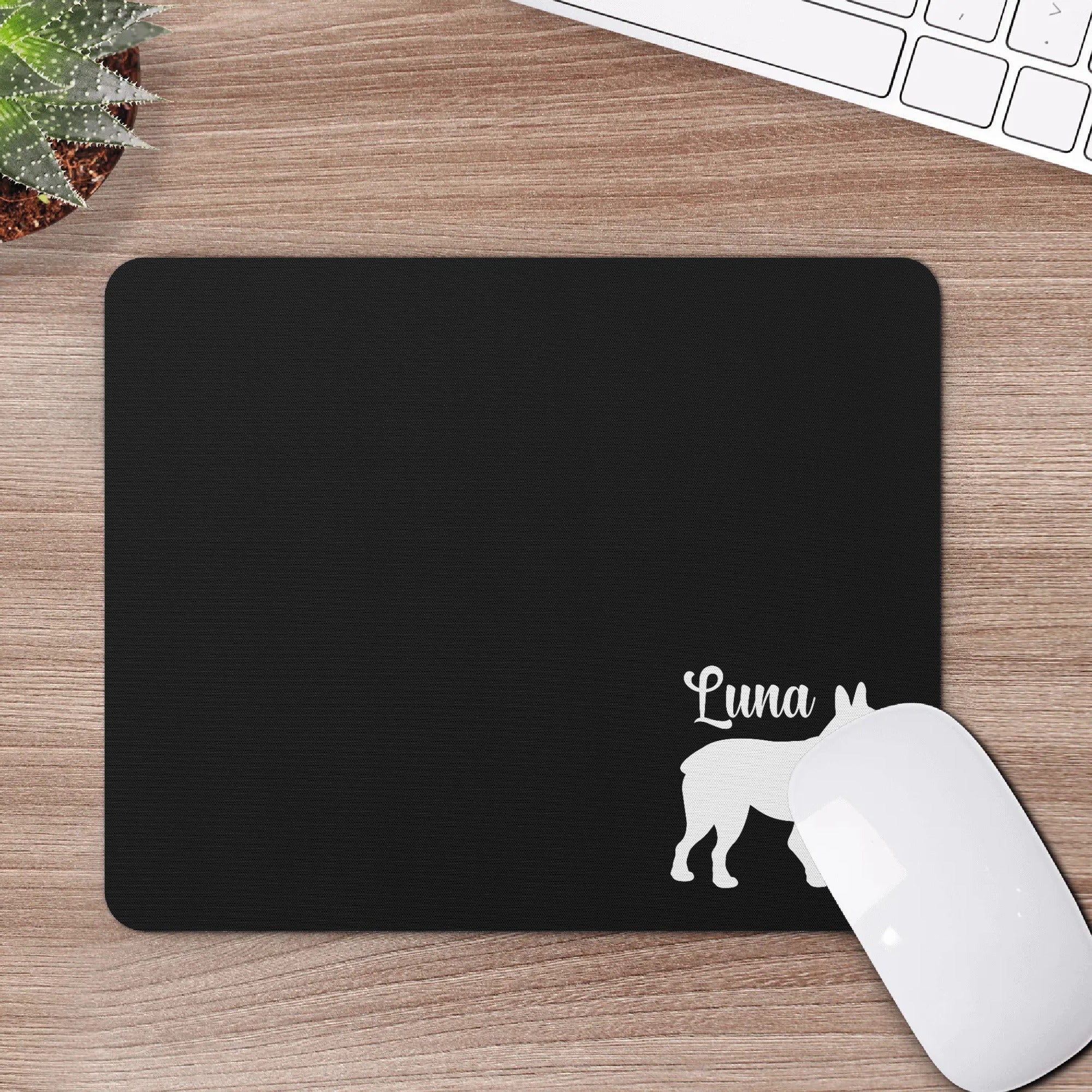 Custom Name with Boston Terrier Silhouette Square Rubber Mouse Mat Pad - Black