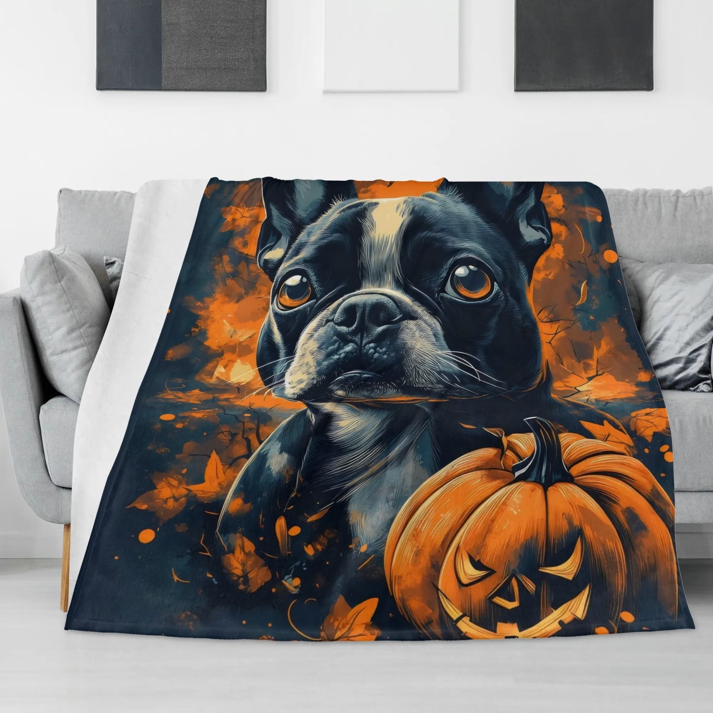 Halloween Pumpkin Boston Terrier Dog Flannel Blanket