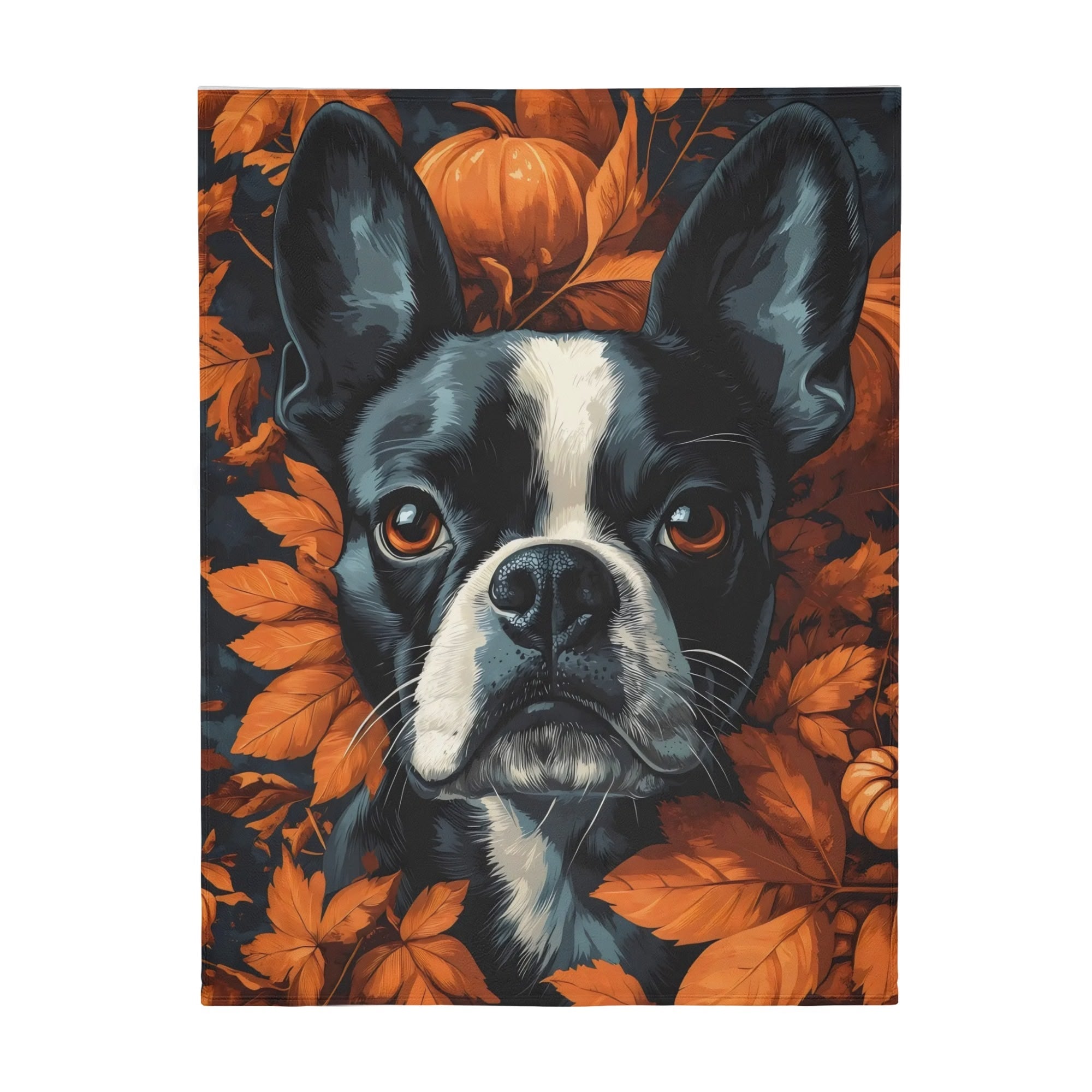 Autumnal Pumpkin Boston Terrier Dog Face Flannel Blanket