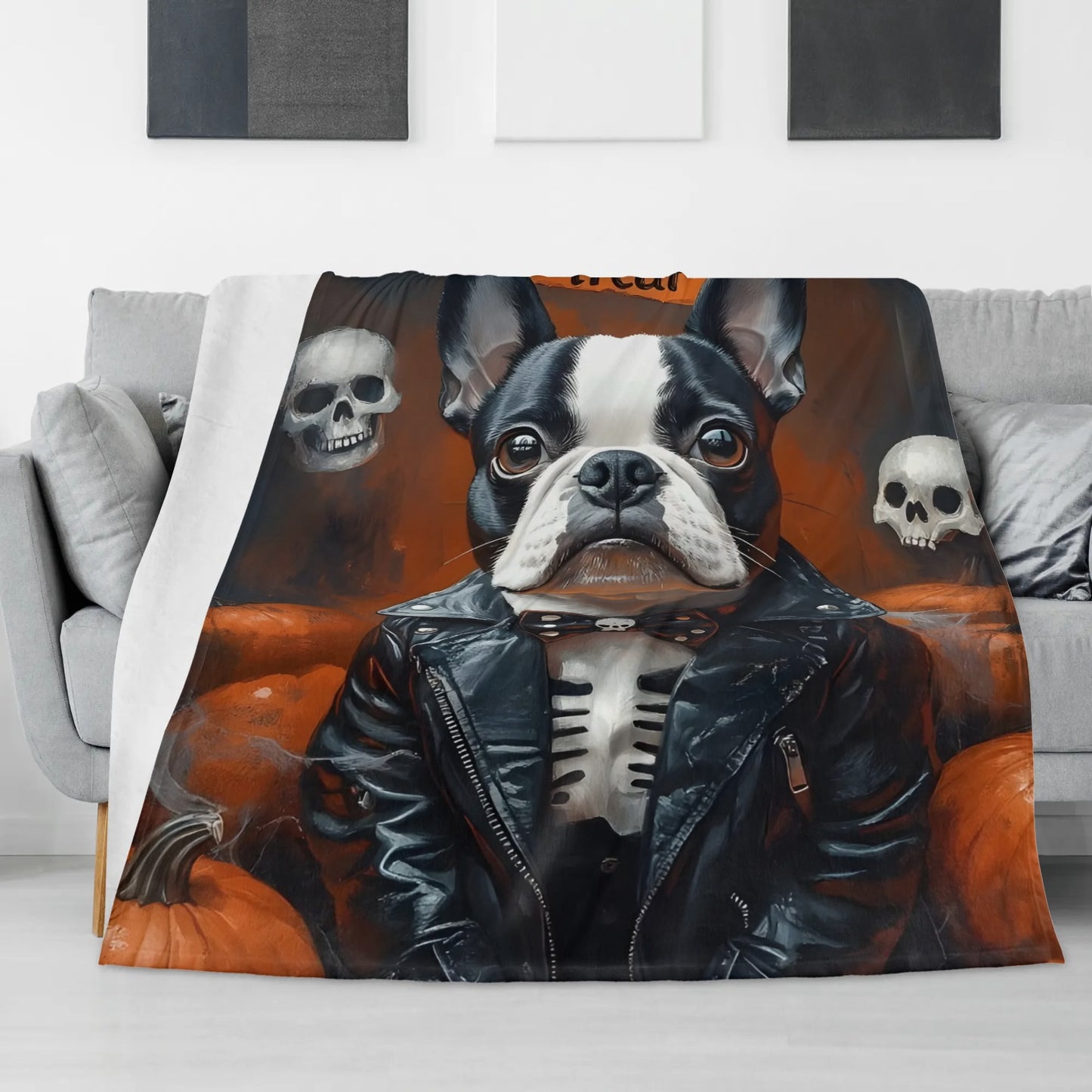 Halloween Boston Terrier Trick or Treat Flannel Blanket