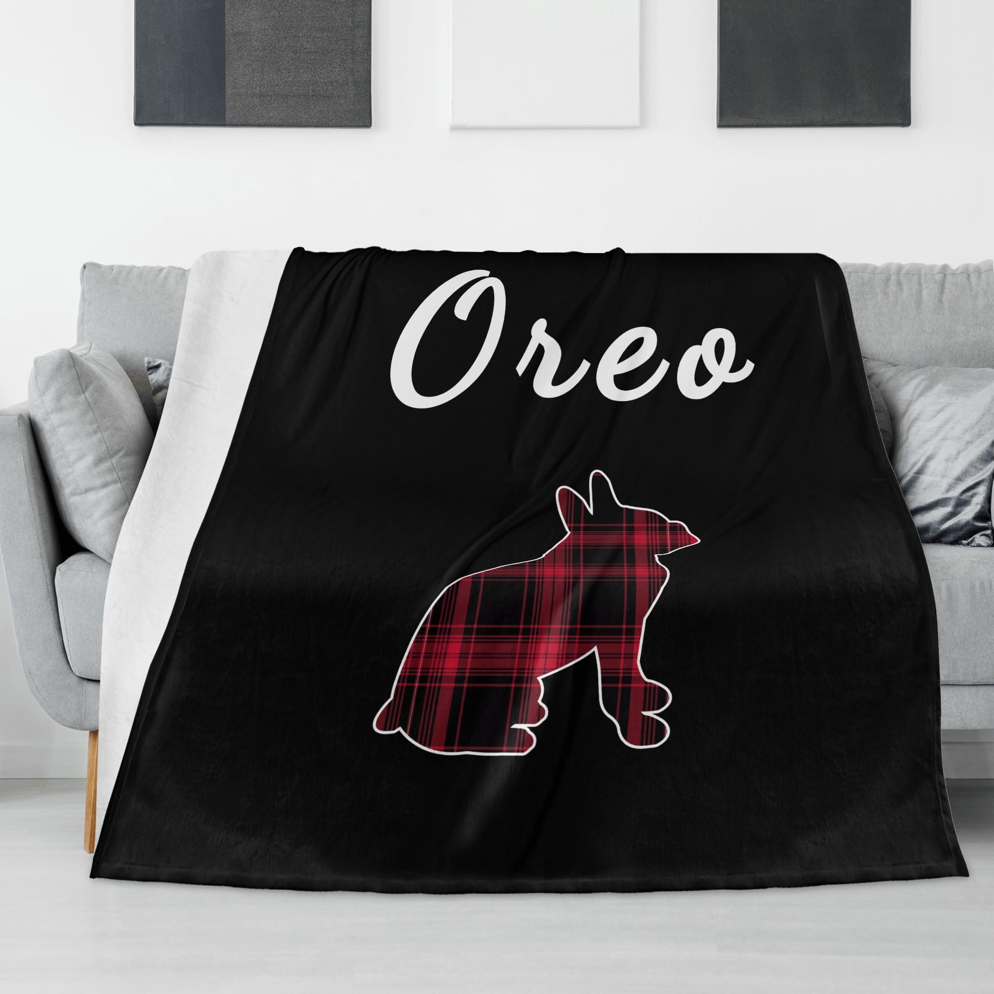 Personalized Boston Terrier Flannel Blanket - 4 Sizes - Red Plaid Dog Silhouette with Name