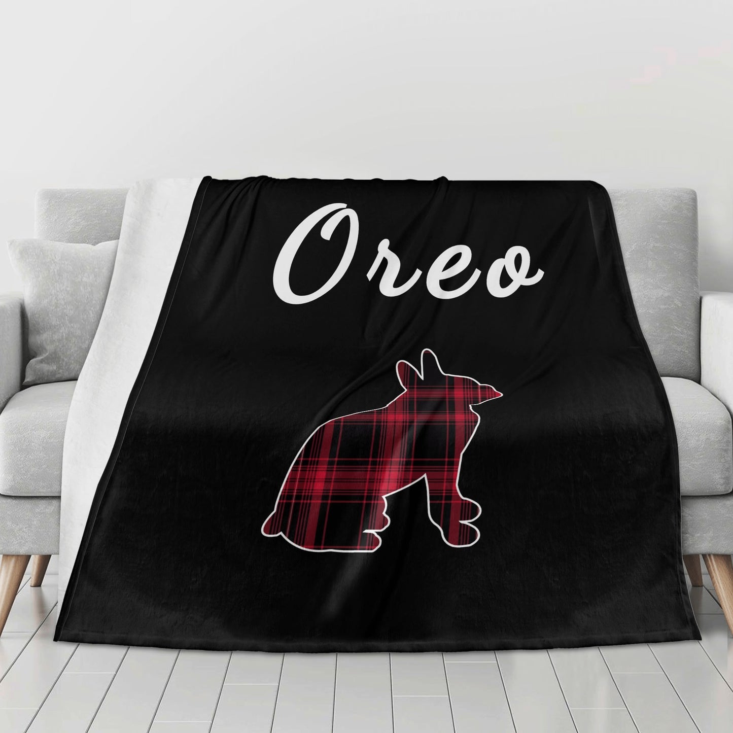 Personalized Boston Terrier Flannel Blanket - 4 Sizes - Red Plaid Dog Silhouette with Name