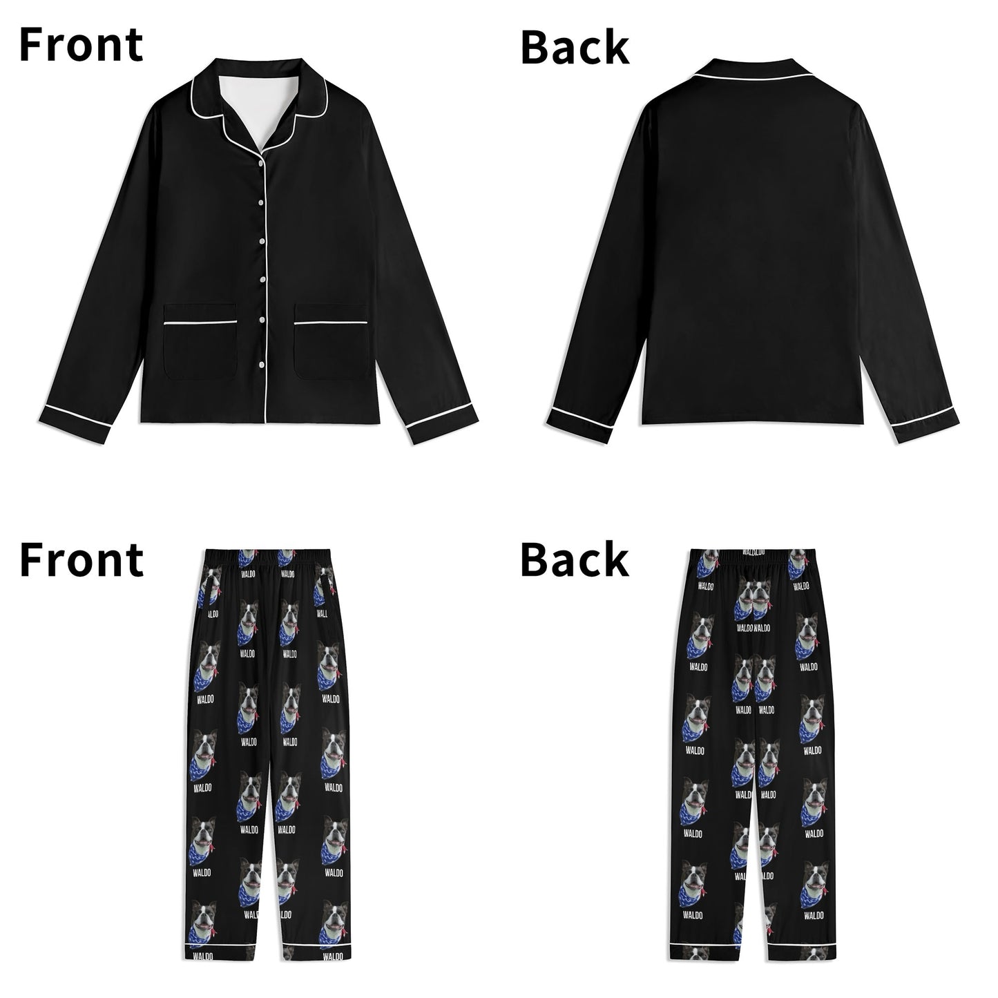 Custom Dog Portrait Unisex Long Sleeve Adult Nightwear Pajama Set Using Dog Photo and Name