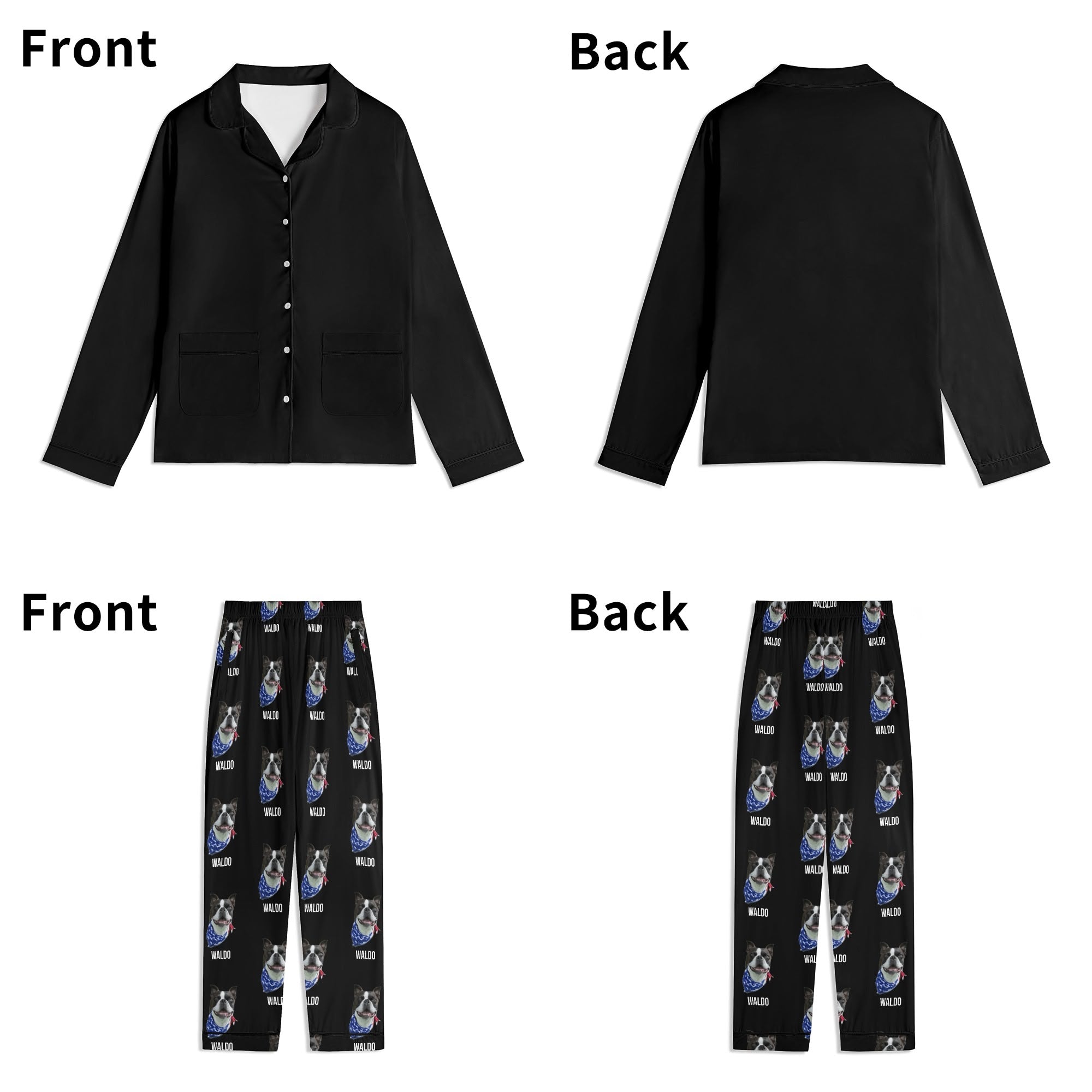 Custom Dog Portrait Unisex Long Sleeve Adult Nightwear Pajama Set Using Dog Photo and Name