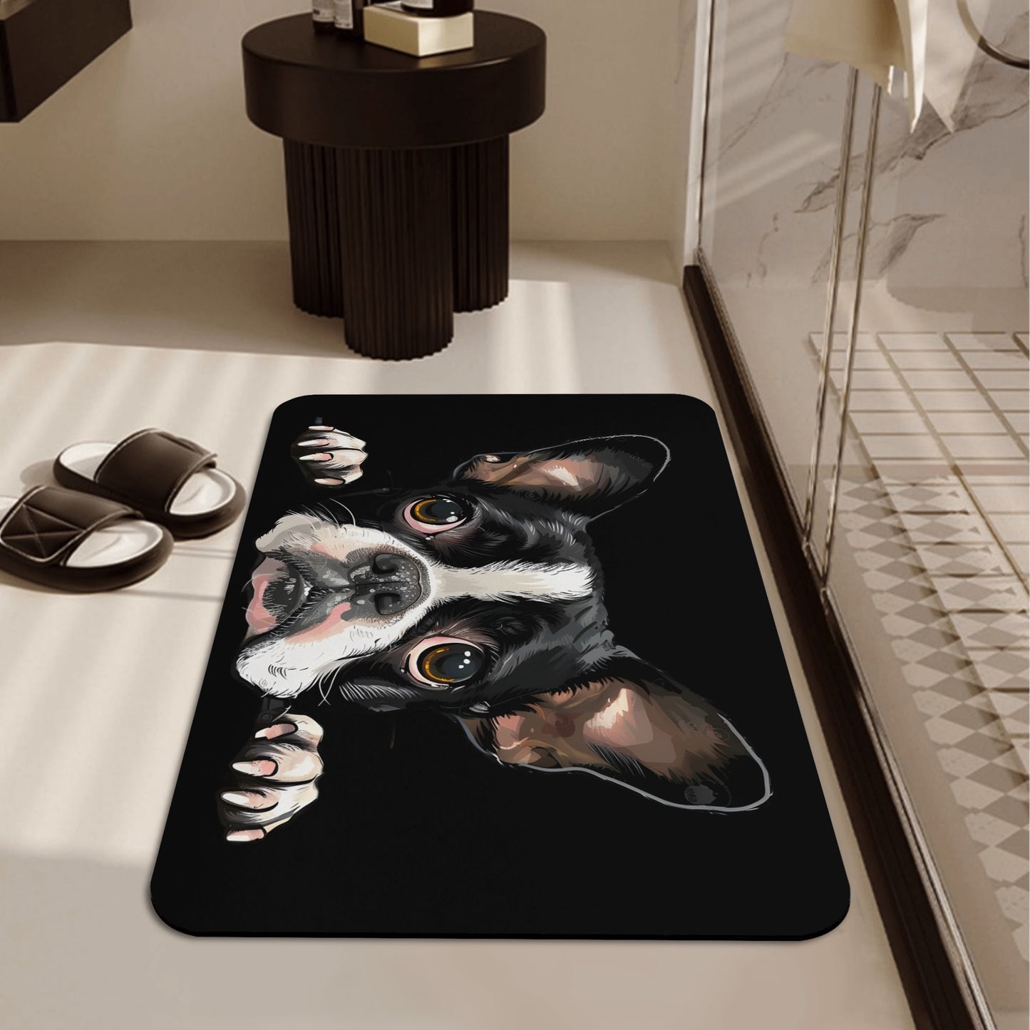 Peeking Boston Terrier Dog Diatomaceous Bath Mat