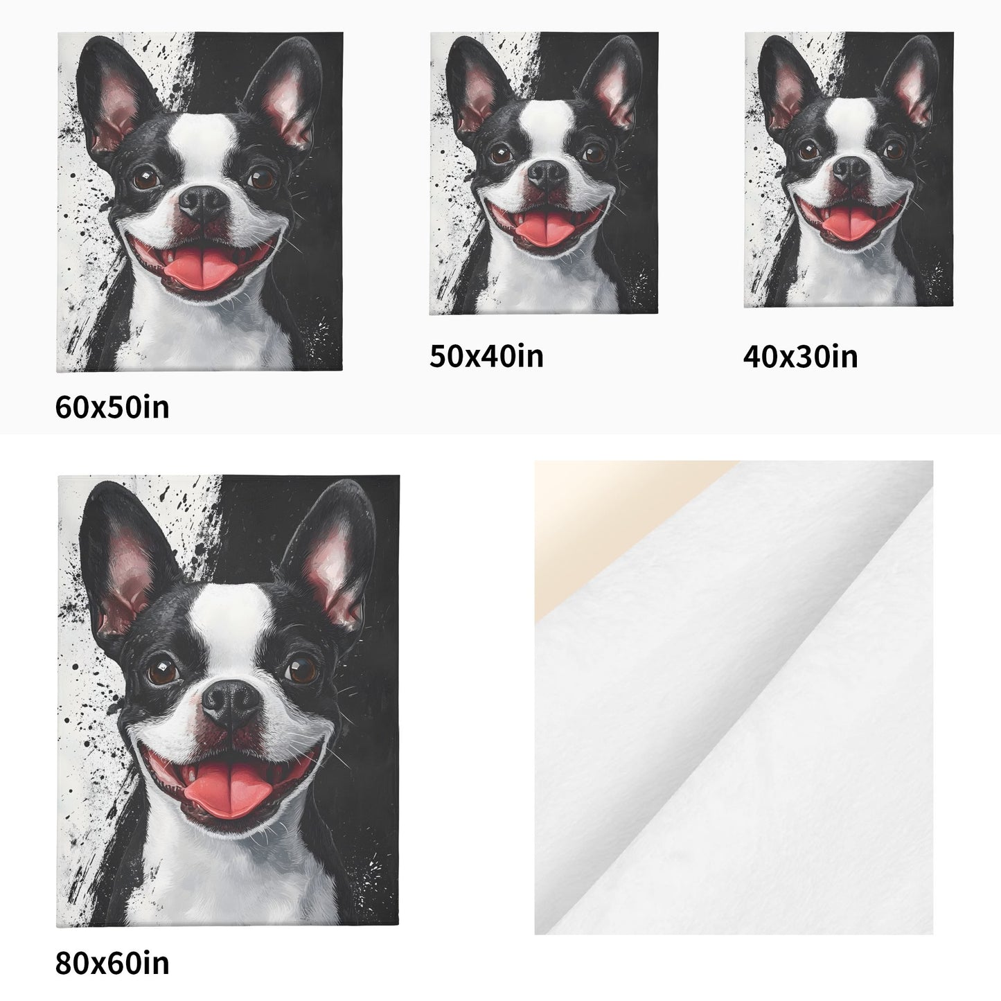 Black and White Boston Terrier Portrait Art Flannel Blanket