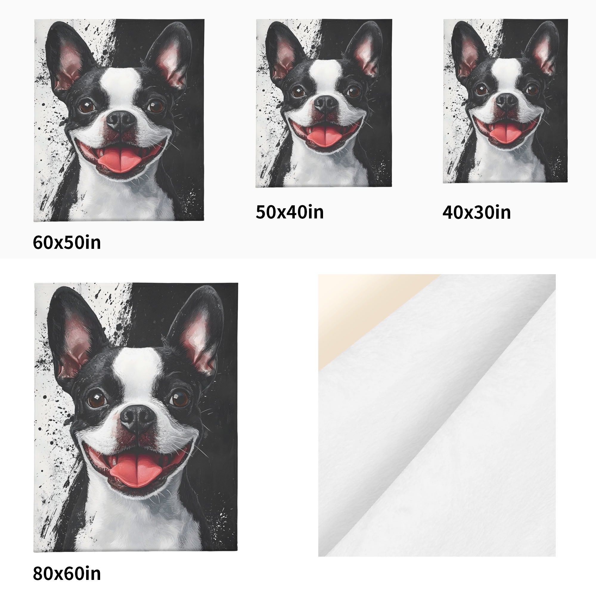 Black and White Boston Terrier Portrait Art Flannel Blanket