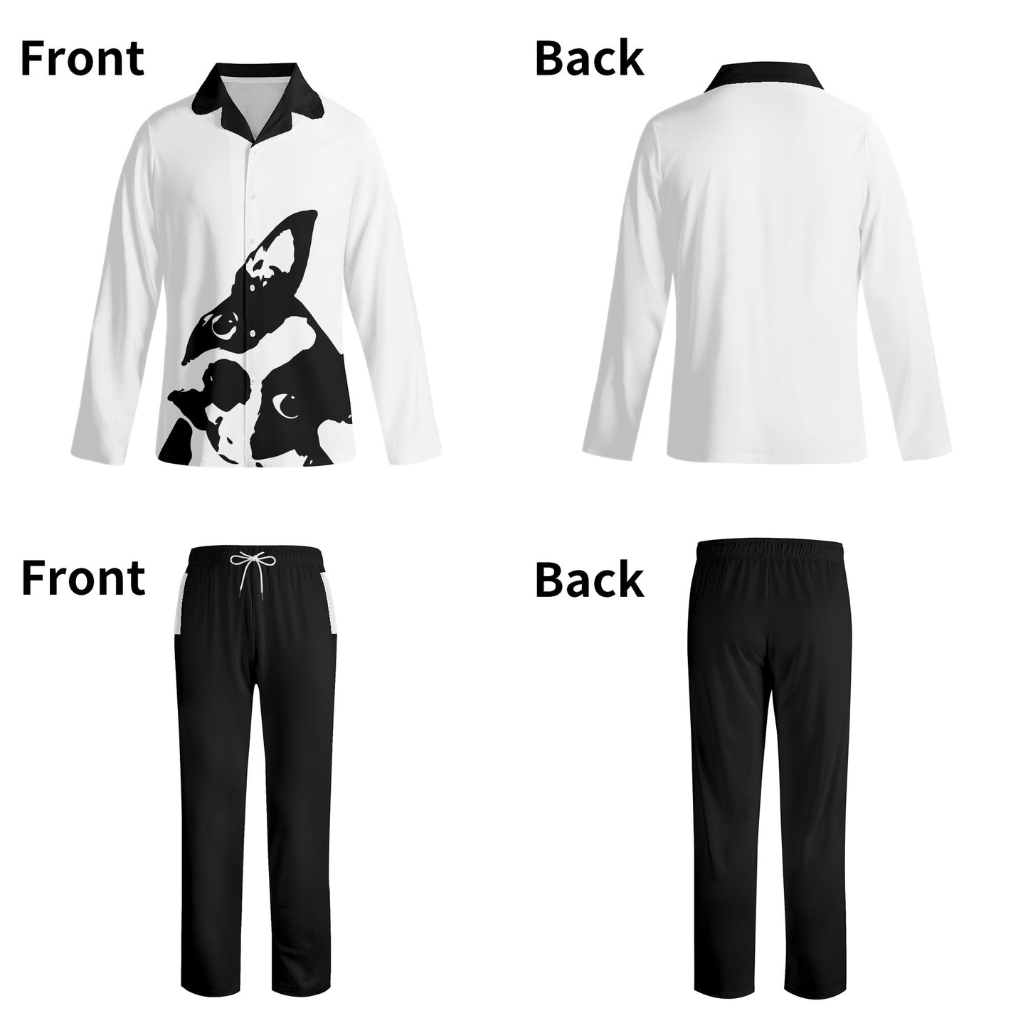 Boston Terrier Dog Head Tilt Unisex Notch Collar Long-Sleeve Pajama Set