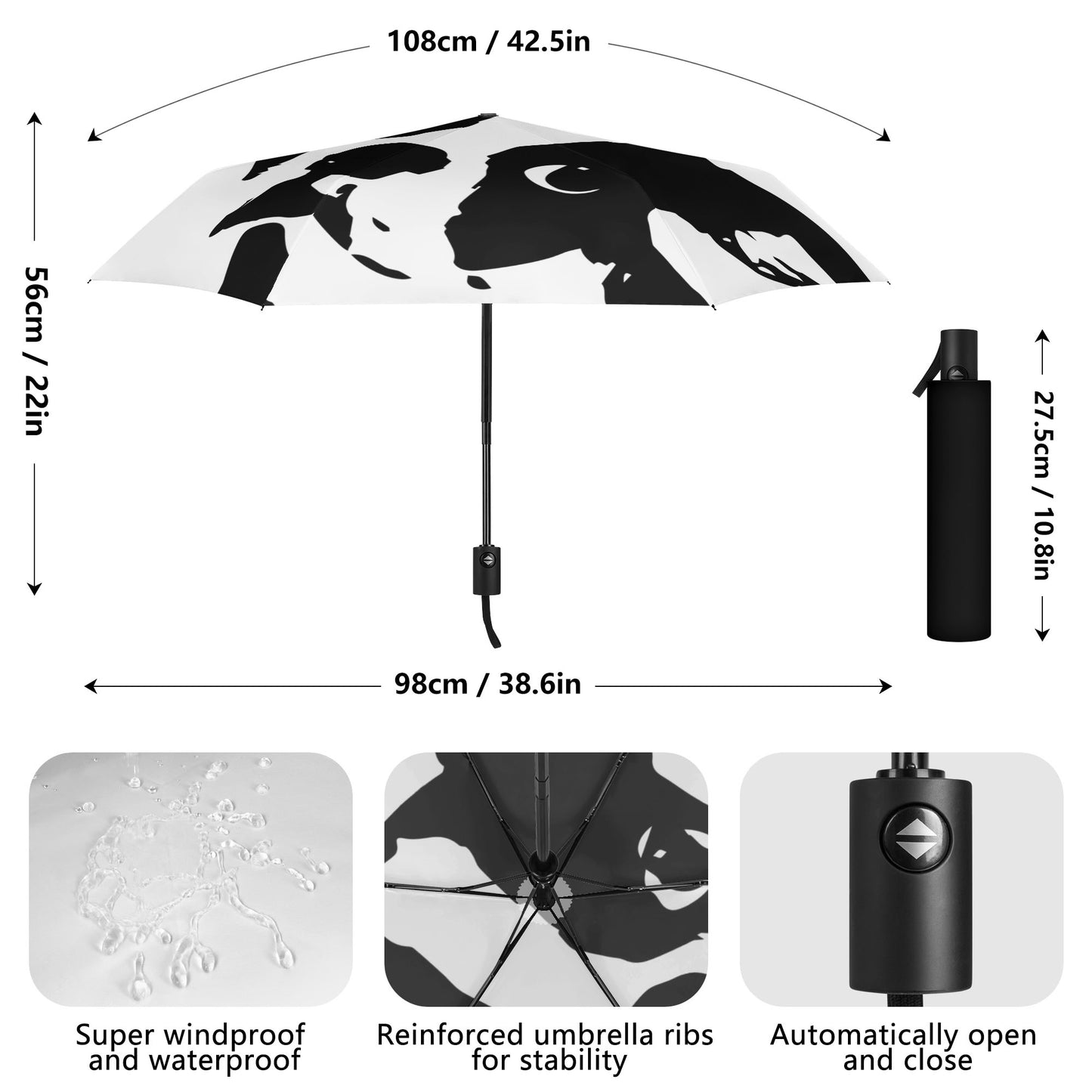 Boston Terrier Dog Head Tilt Auto Open & Close Umbrella