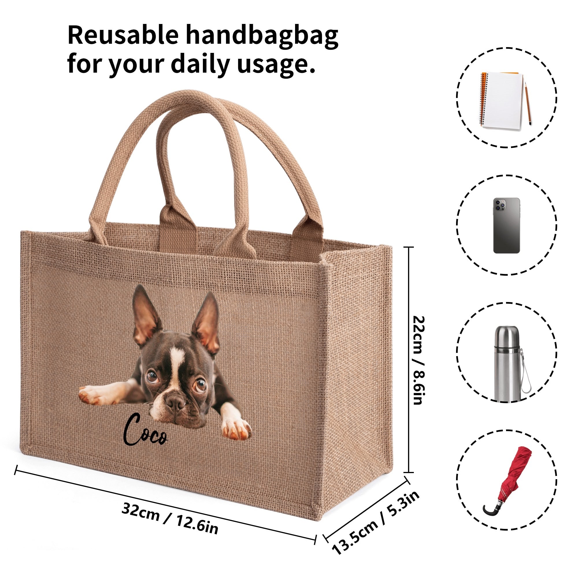Custom Reusable Jute Burlap Tote Bag With Dogs Photo And Name