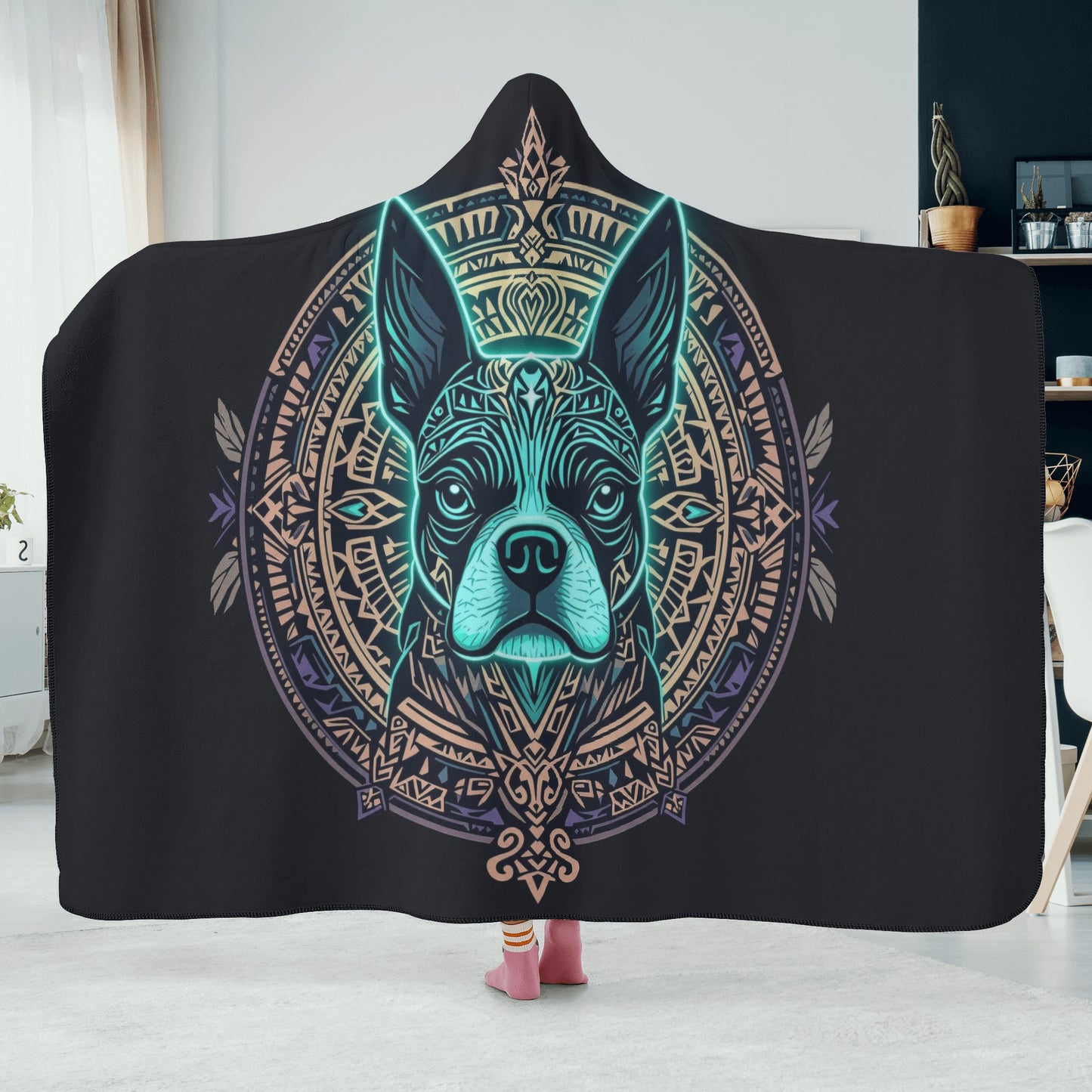 Aztec Polynesian Art Boston Terrier Hooded Blanket for Adult and Kids