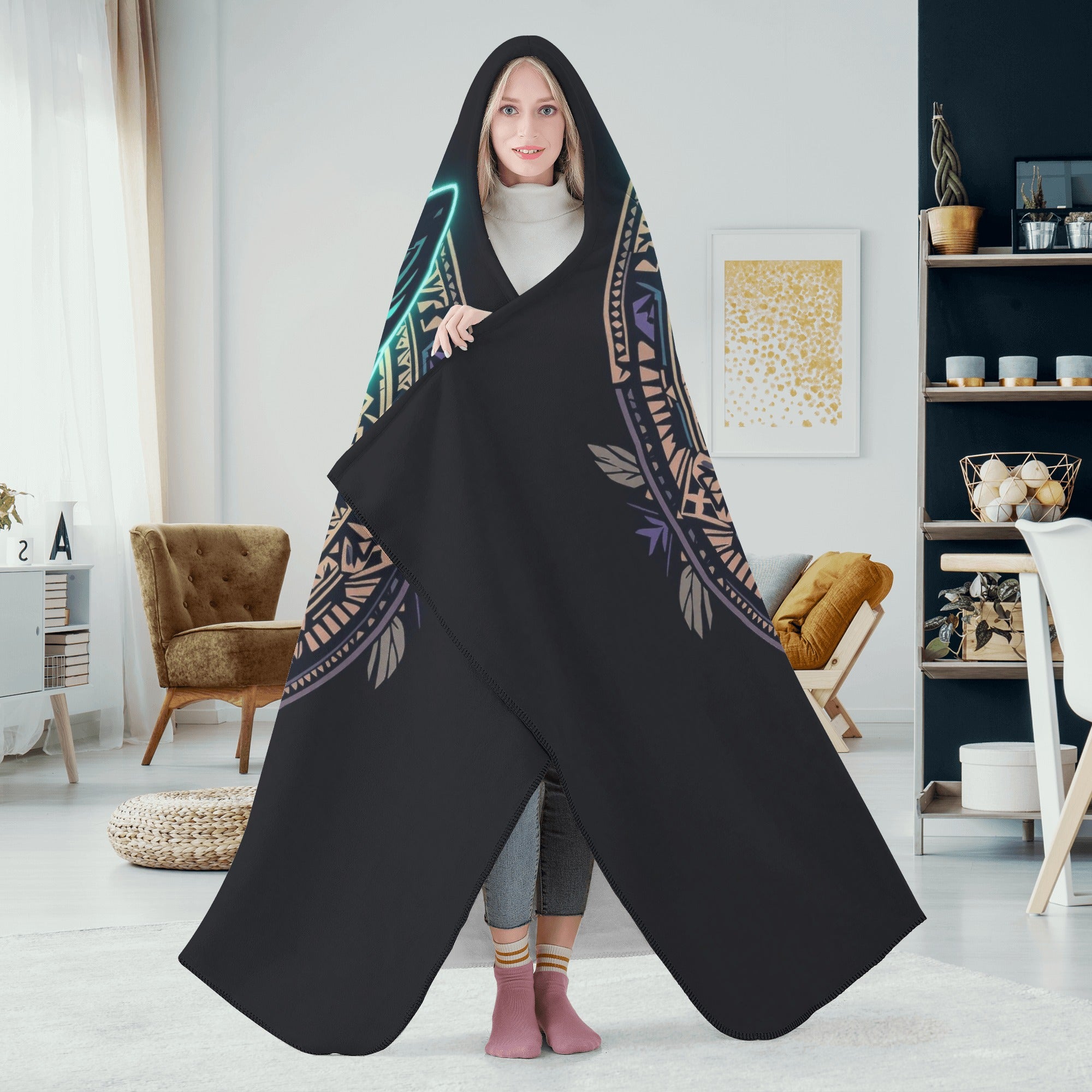 Aztec Polynesian Art Boston Terrier Hooded Blanket for Adult and Kids