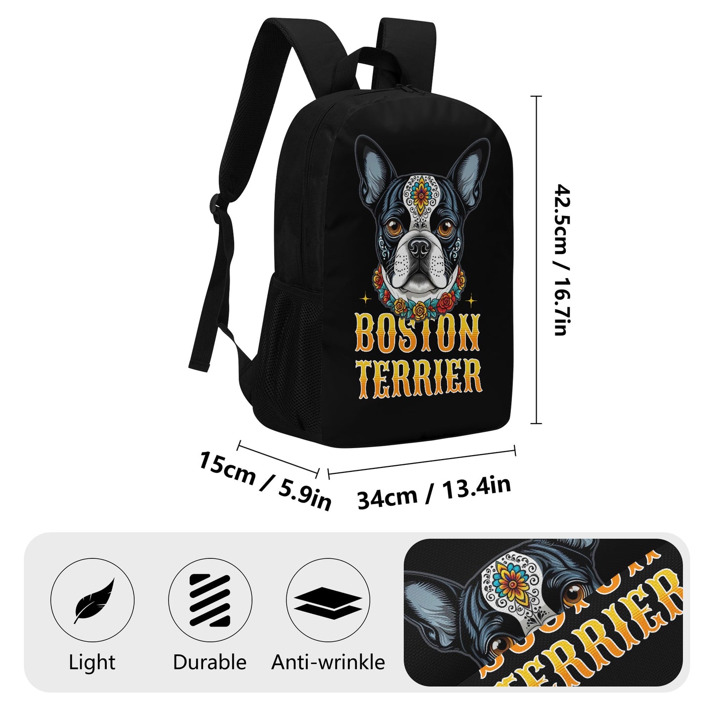 Boston Terrier Dog Sugar Skull 17 Inch Laptop Backpack