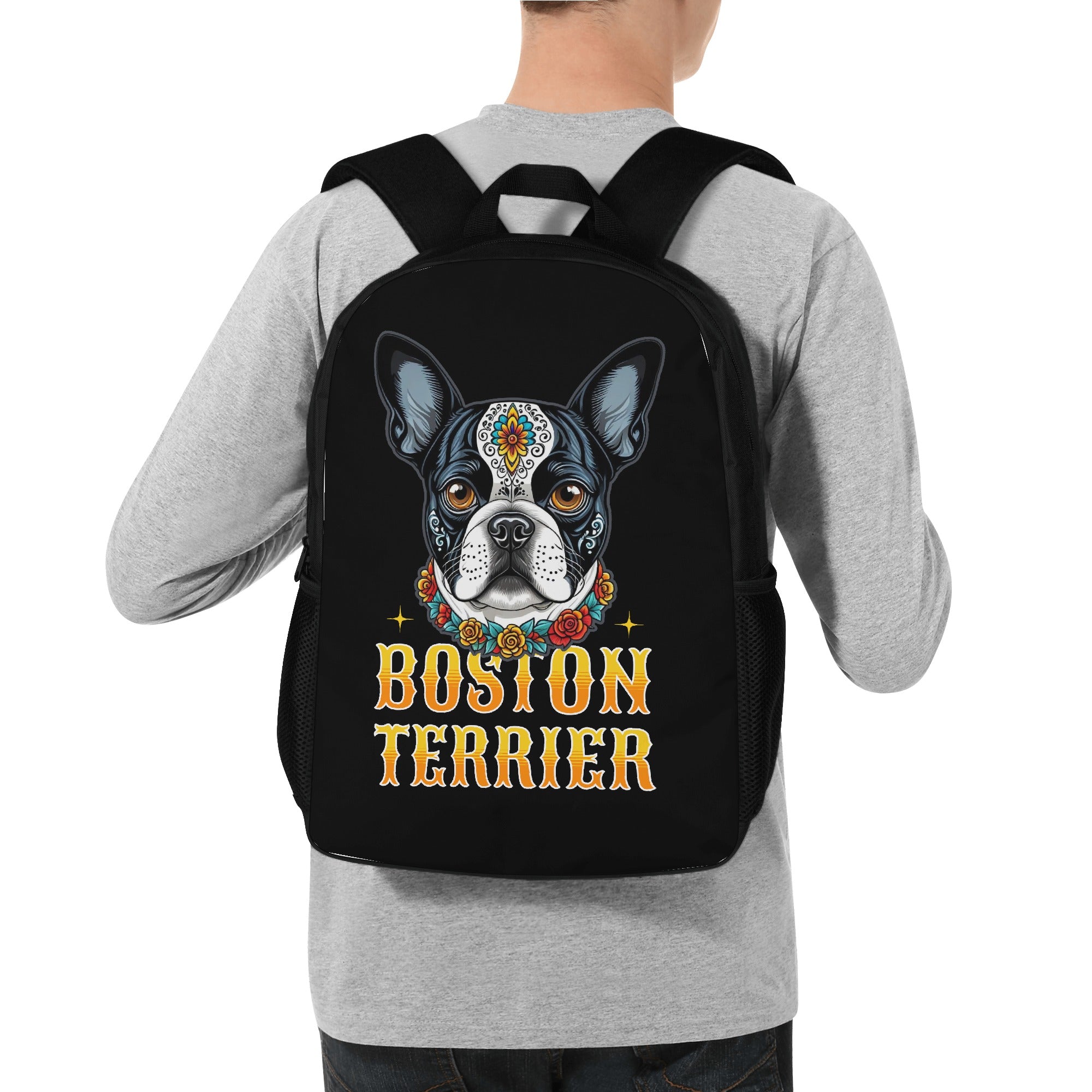 Boston Terrier Dog Sugar Skull 17 Inch Laptop Backpack
