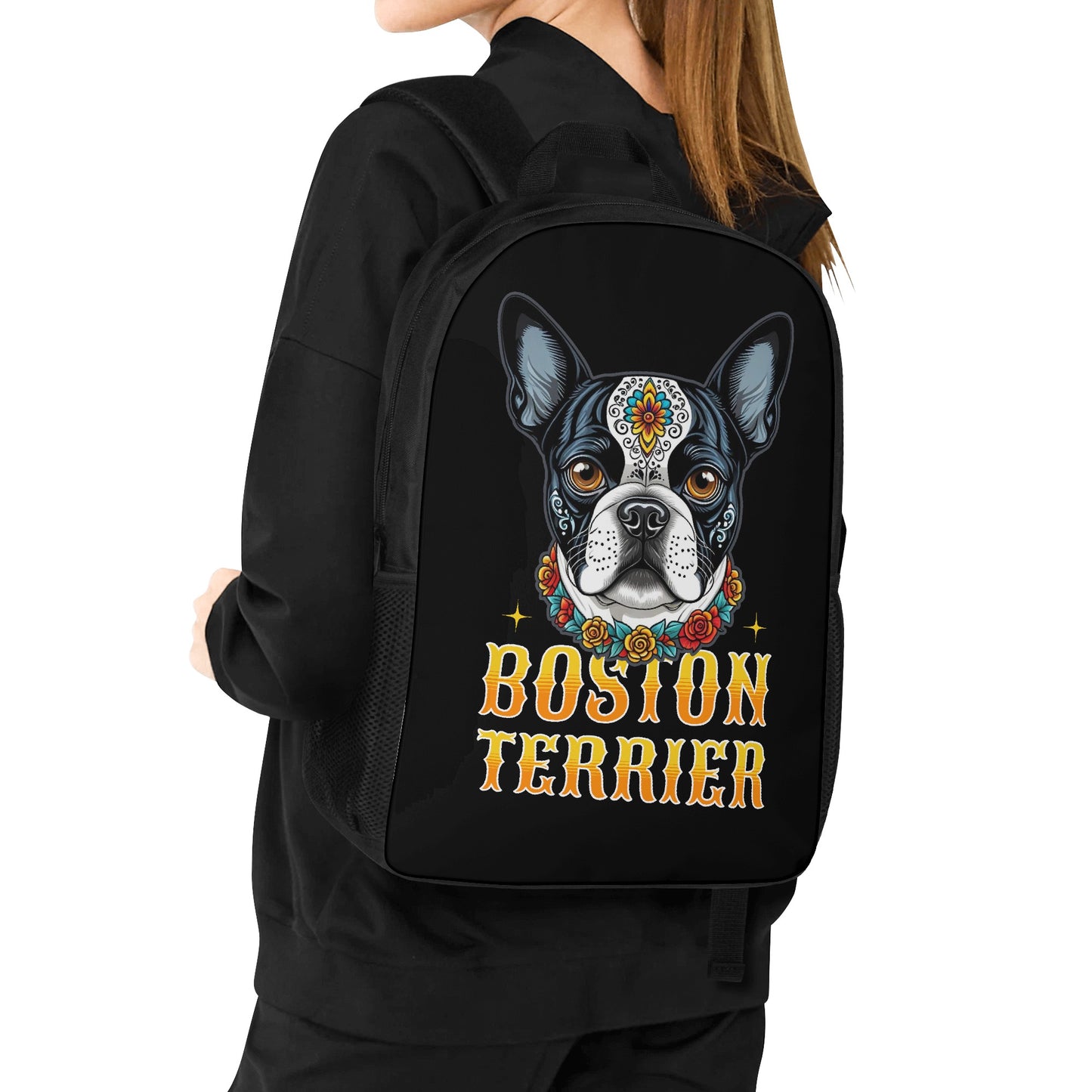 Boston Terrier Dog Sugar Skull 17 Inch Laptop Backpack
