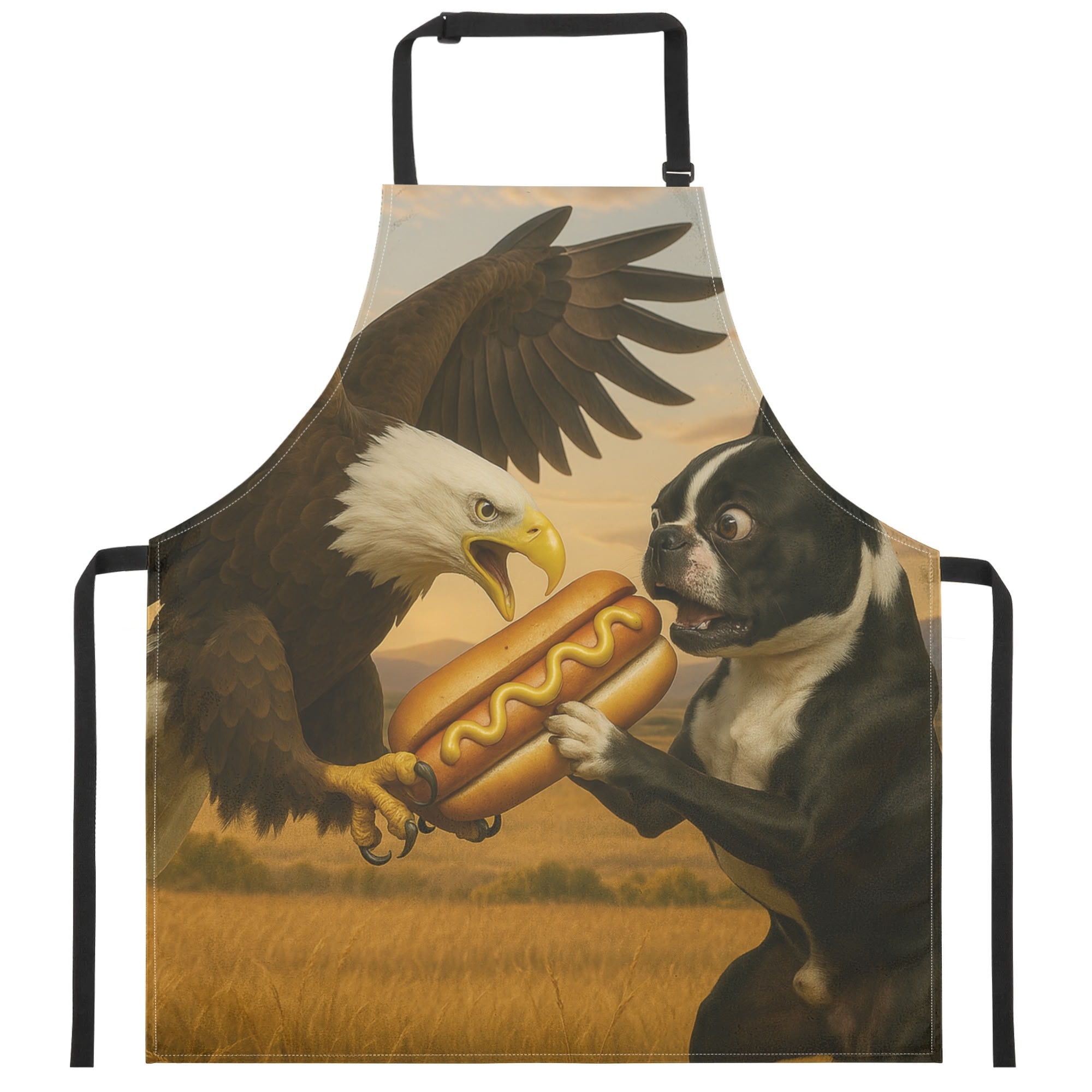 Eagle vs Boston Terrier Fighting for a Hot Dog Apron