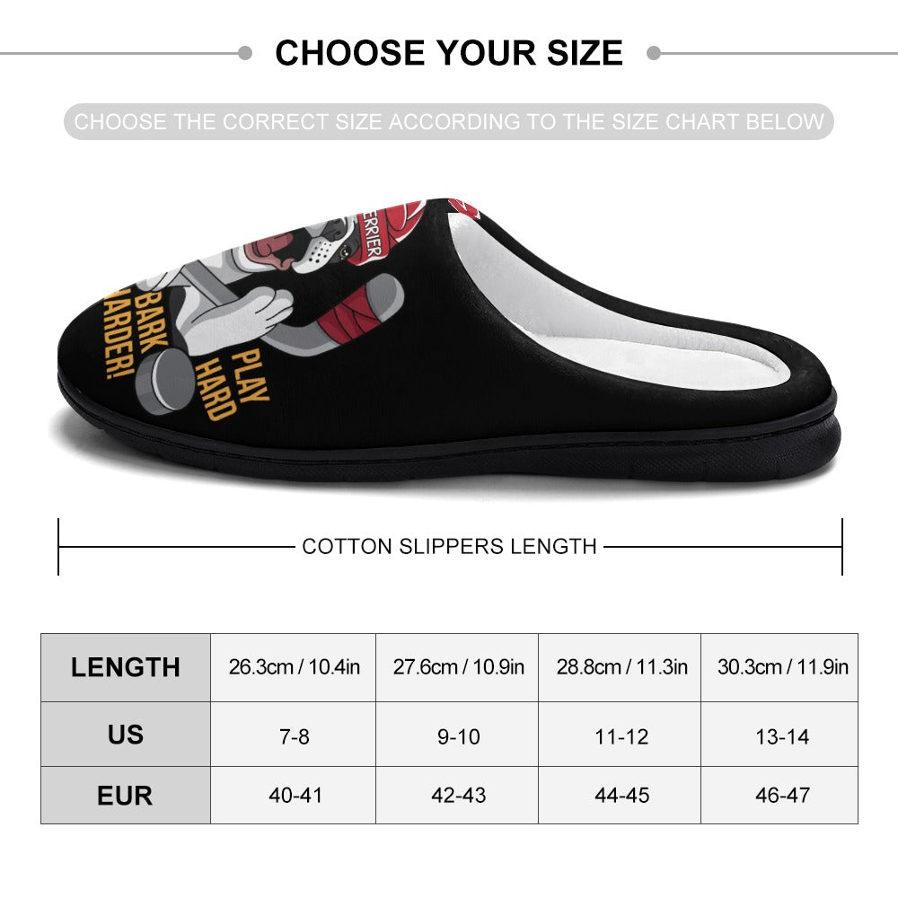 Hockey Boston Terrier Men's Cotton Slippers - Play Hard Bark Harder