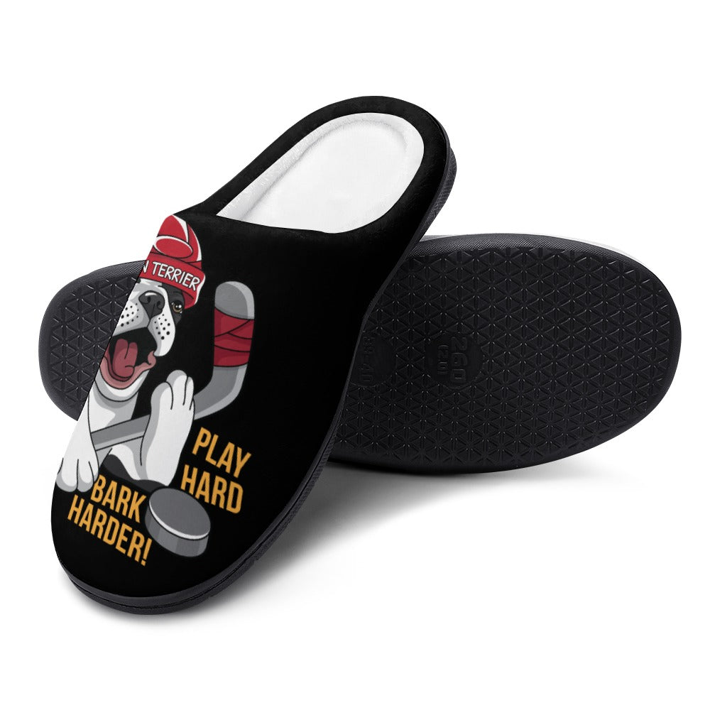 Hockey Boston Terrier Men's Cotton Slippers - Play Hard Bark Harder