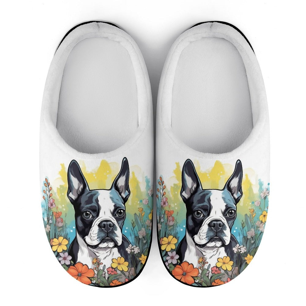 Boston Terrier Surrounded By Flowers Women's Cotton Slippers
