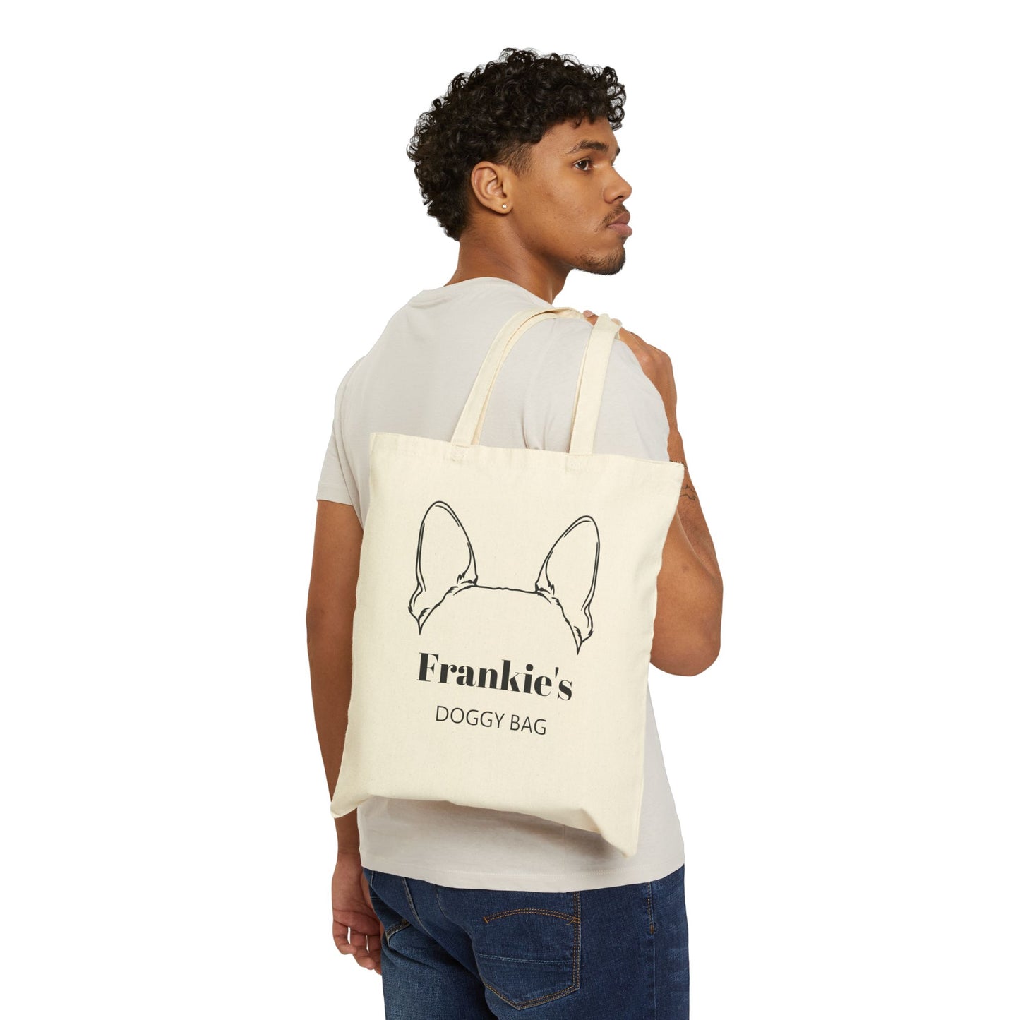 Custom Doggy Cotton Canvas Tote Bag With Boston Terrier Ears & Dog Name
