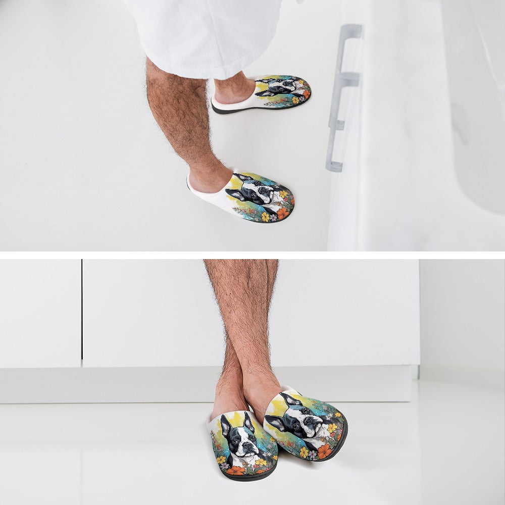 Boston Terrier Surrounded By Flowers Men's Cotton Slippers
