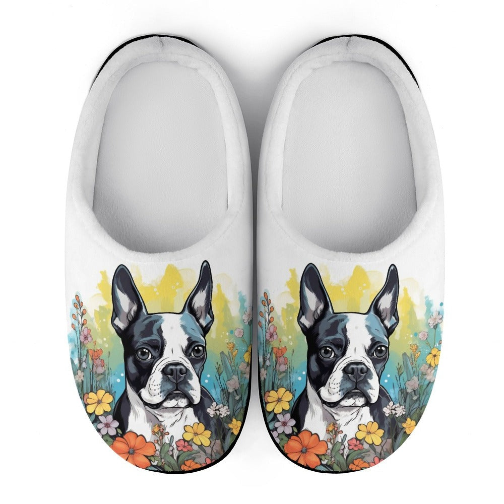 Boston Terrier Surrounded By Flowers Men's Cotton Slippers