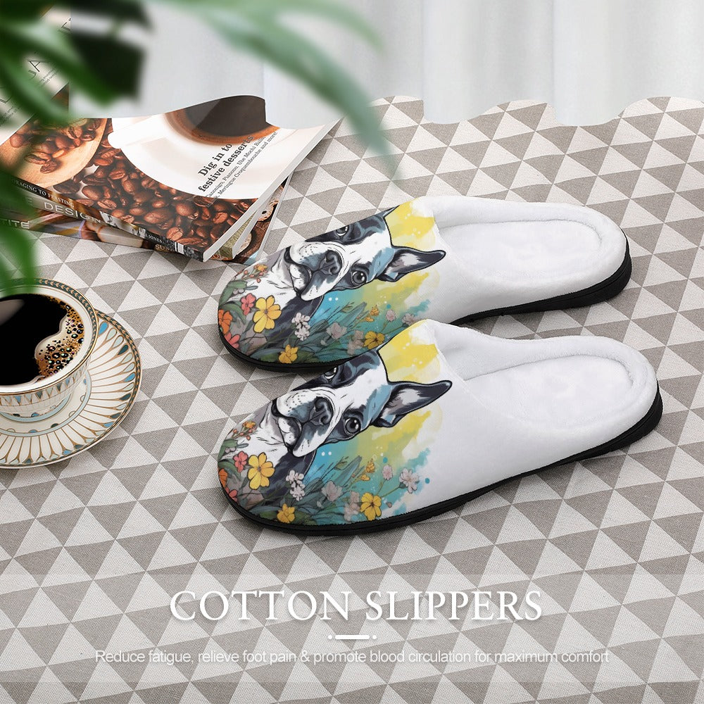 Boston Terrier Surrounded By Flowers Women's Cotton Slippers