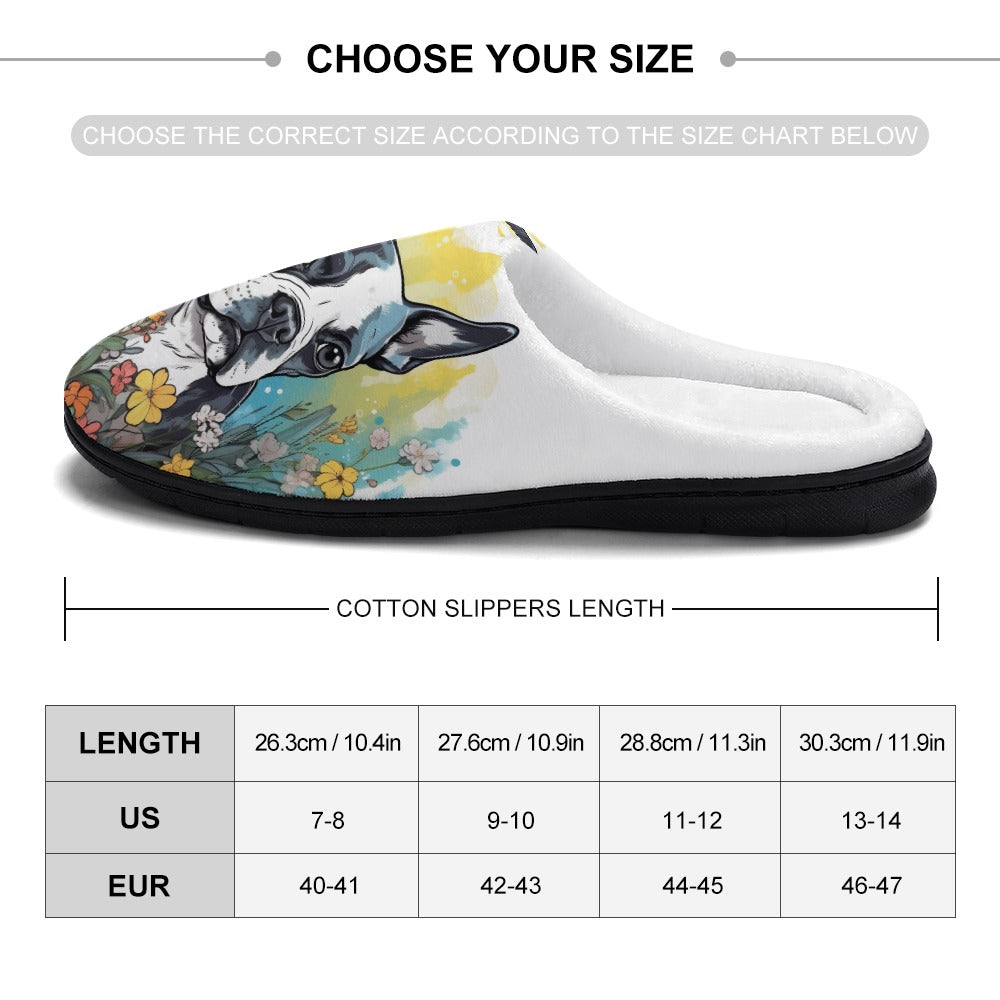 Boston Terrier Surrounded By Flowers Men's Cotton Slippers