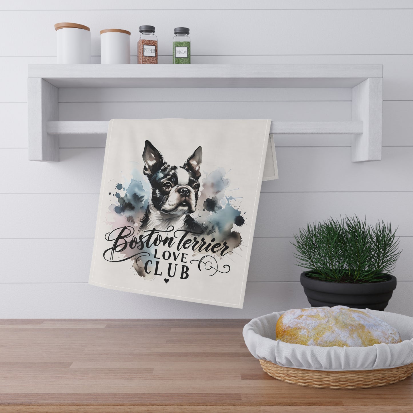 Elegant Watercolor Boston Terrier Art Kitchen Towel - Boston Terrier Love Club