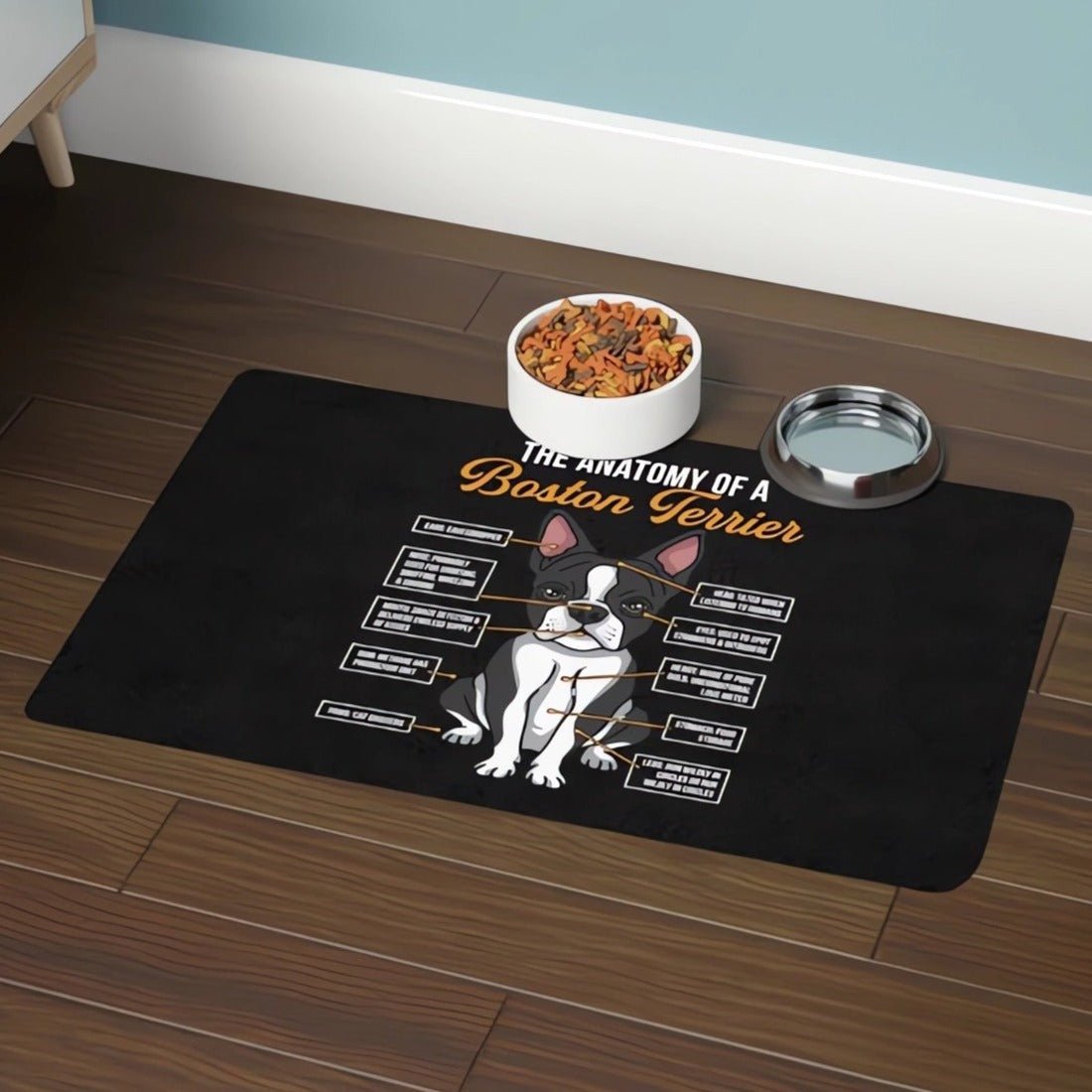 Dog Food Mat - The Anatomy Of A Boston Terrier Pet Feeding Mat (12x18)