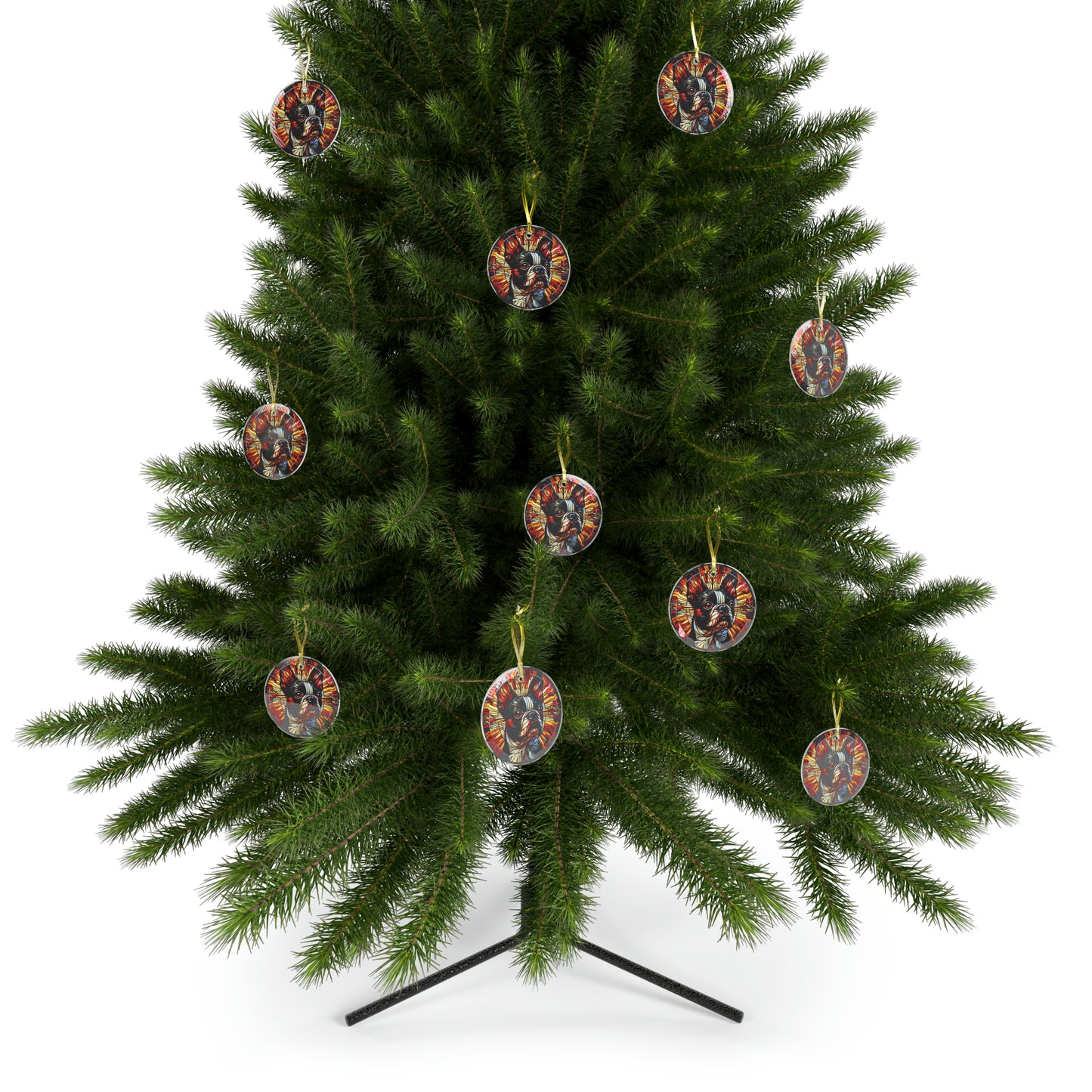 Colorful Geometric Boston Terrier Stained Glass Ornaments - Red and Warm