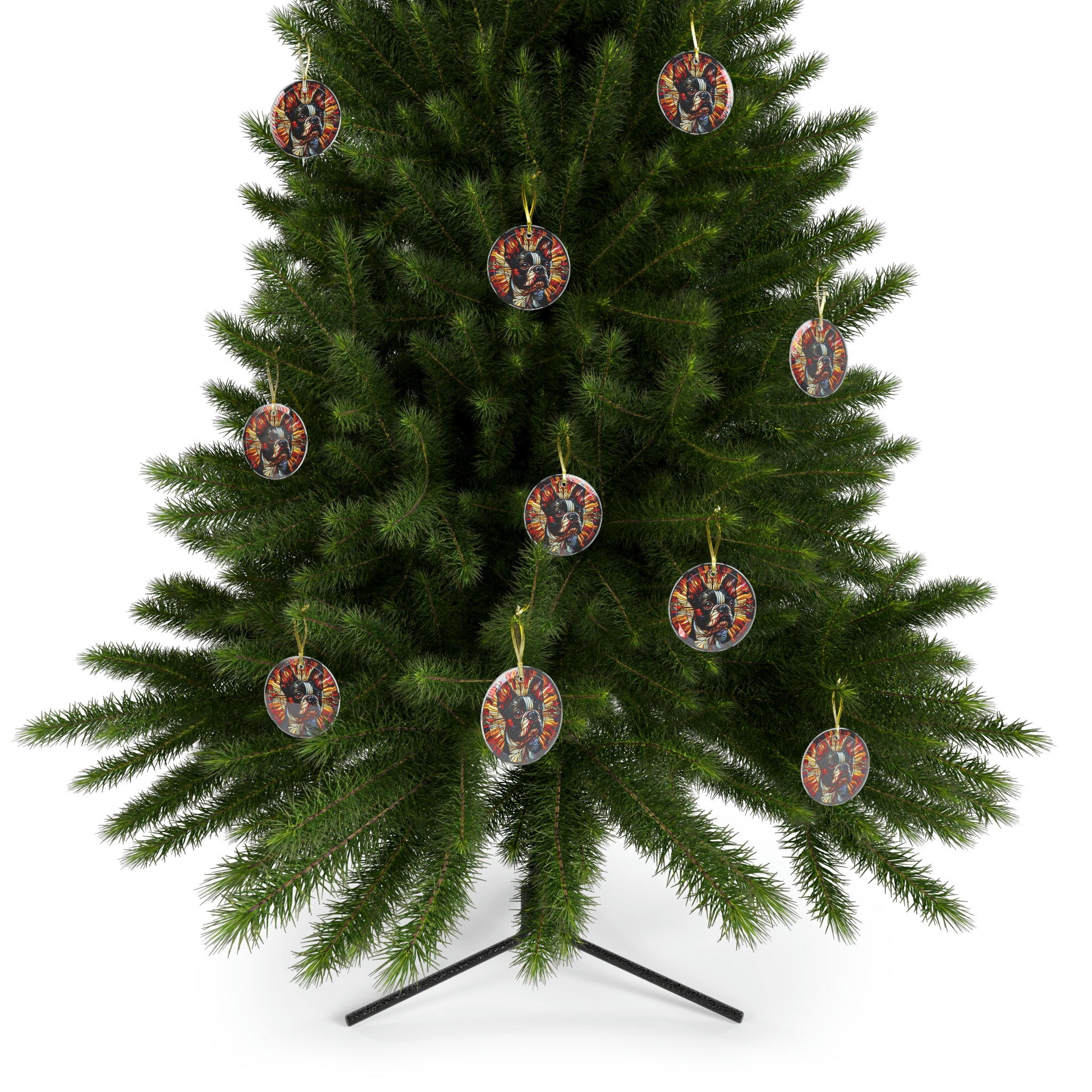 Colorful Geometric Boston Terrier Stained Glass Ornaments - Red and Warm