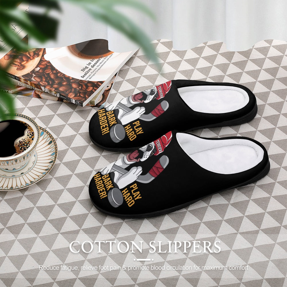 Hockey Boston Terrier Men's Cotton Slippers - Play Hard Bark Harder