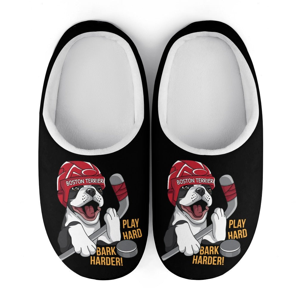 Hockey Boston Terrier Men's Cotton Slippers - Play Hard Bark Harder