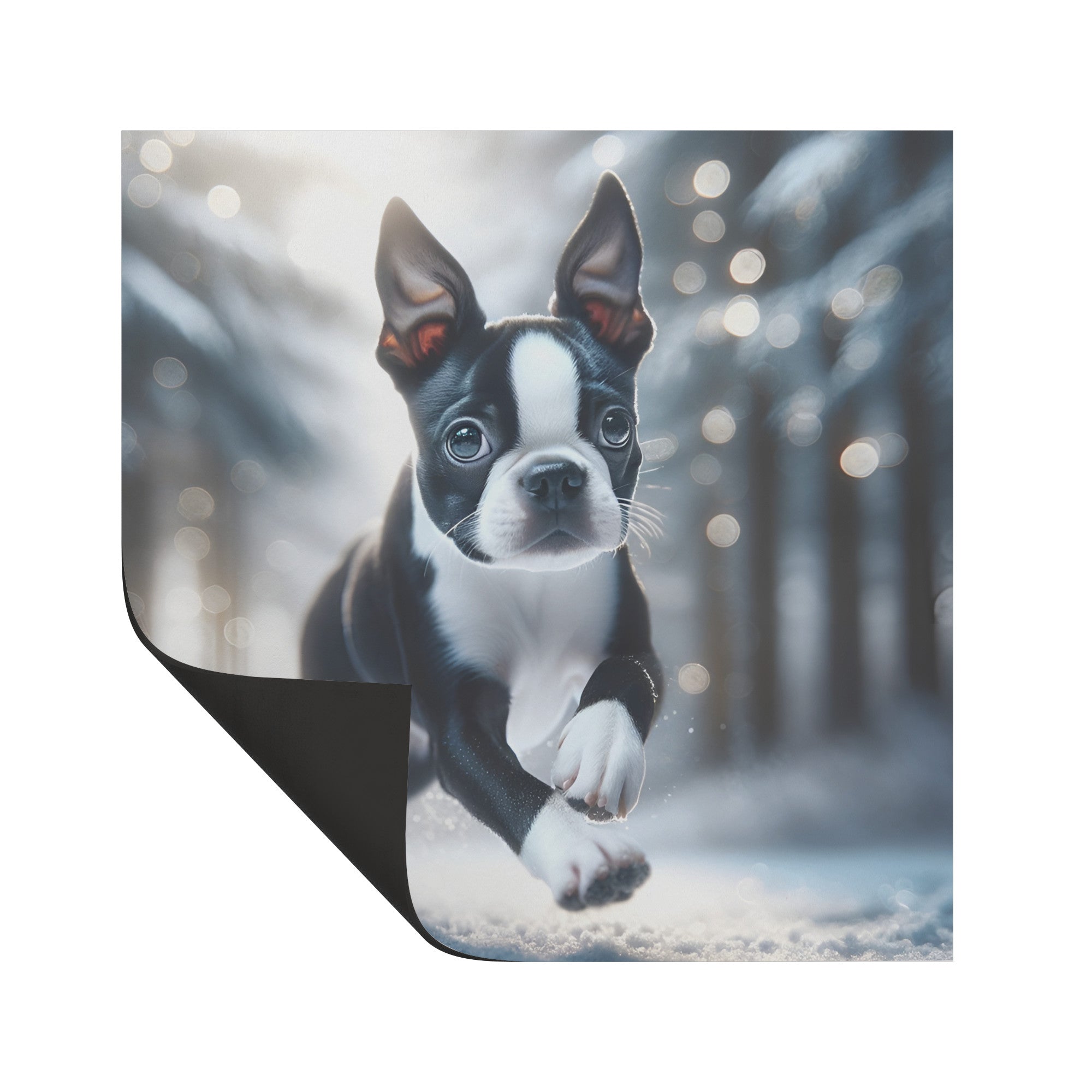 Boston Terrier Pup Running In The Snow Magnet