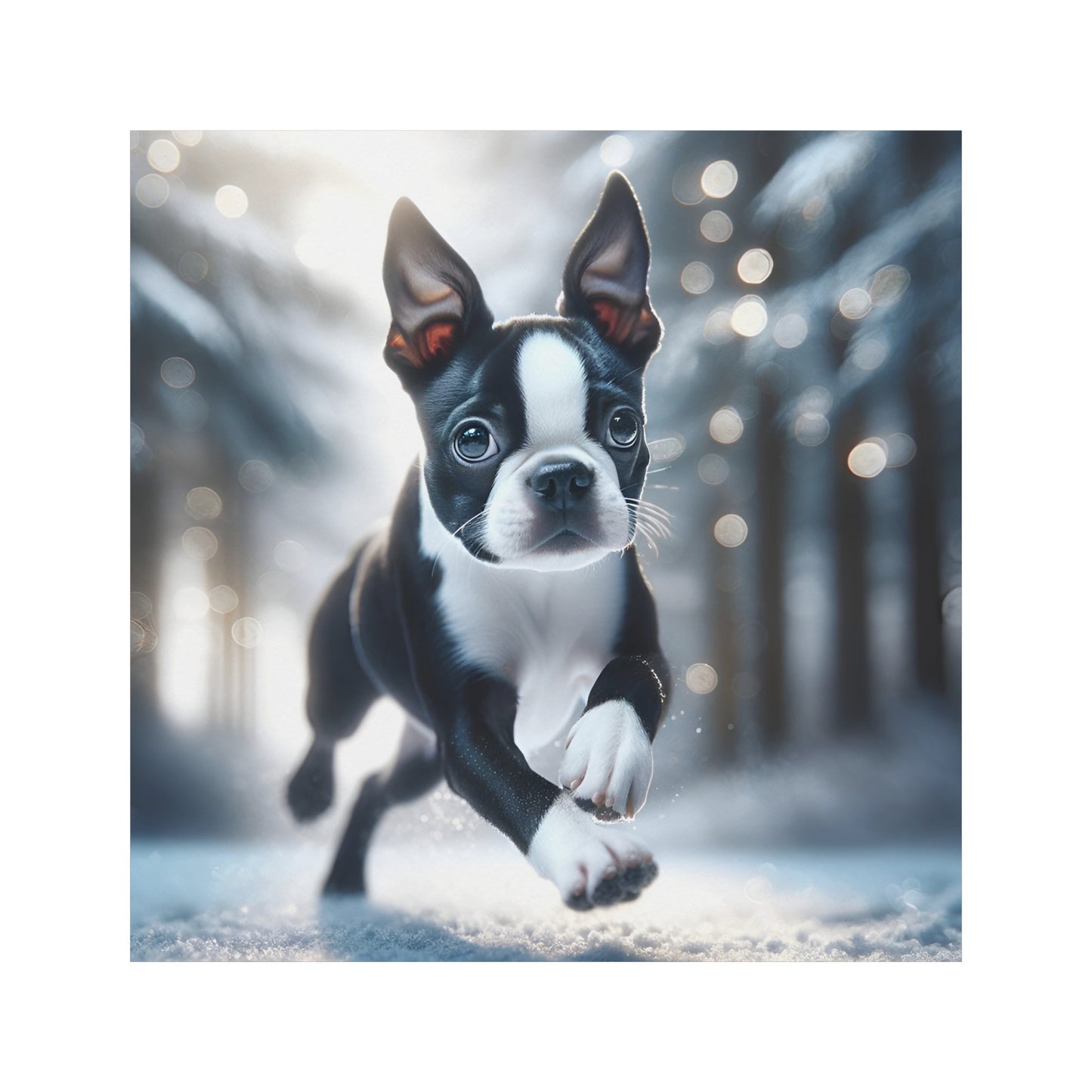 Boston Terrier Pup Running In The Snow Magnet