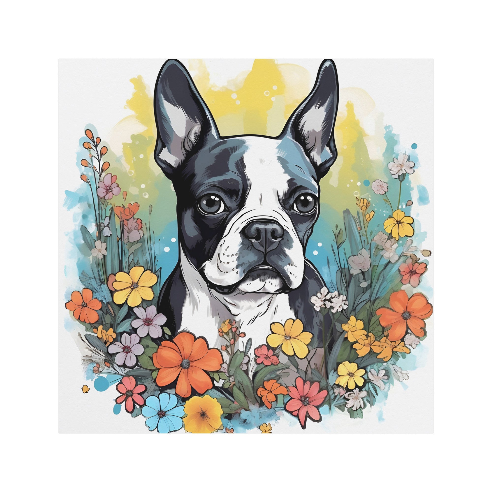 Boston Terrier Surrounded By Flowers Magnet