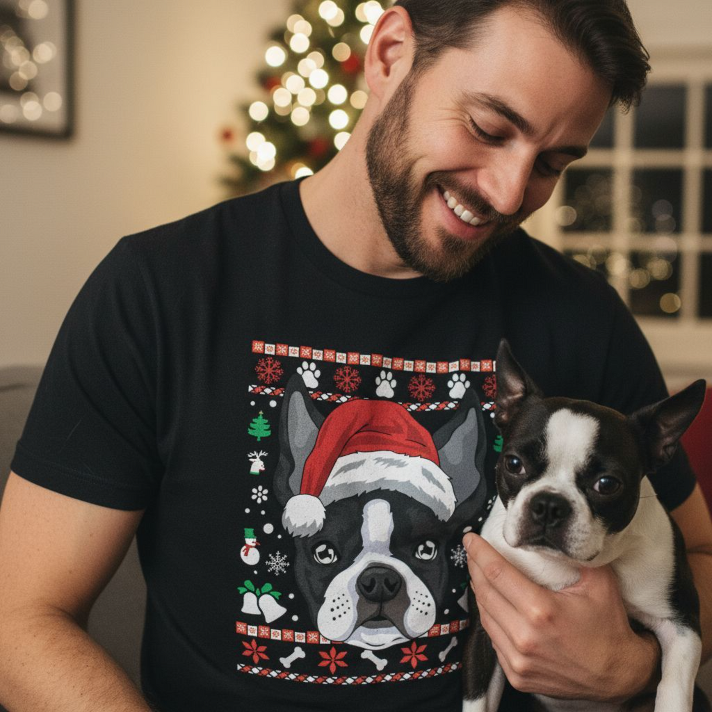 Man wearing a black t-shirt with a Christmas-themed dog design, holding a small black and white dog.