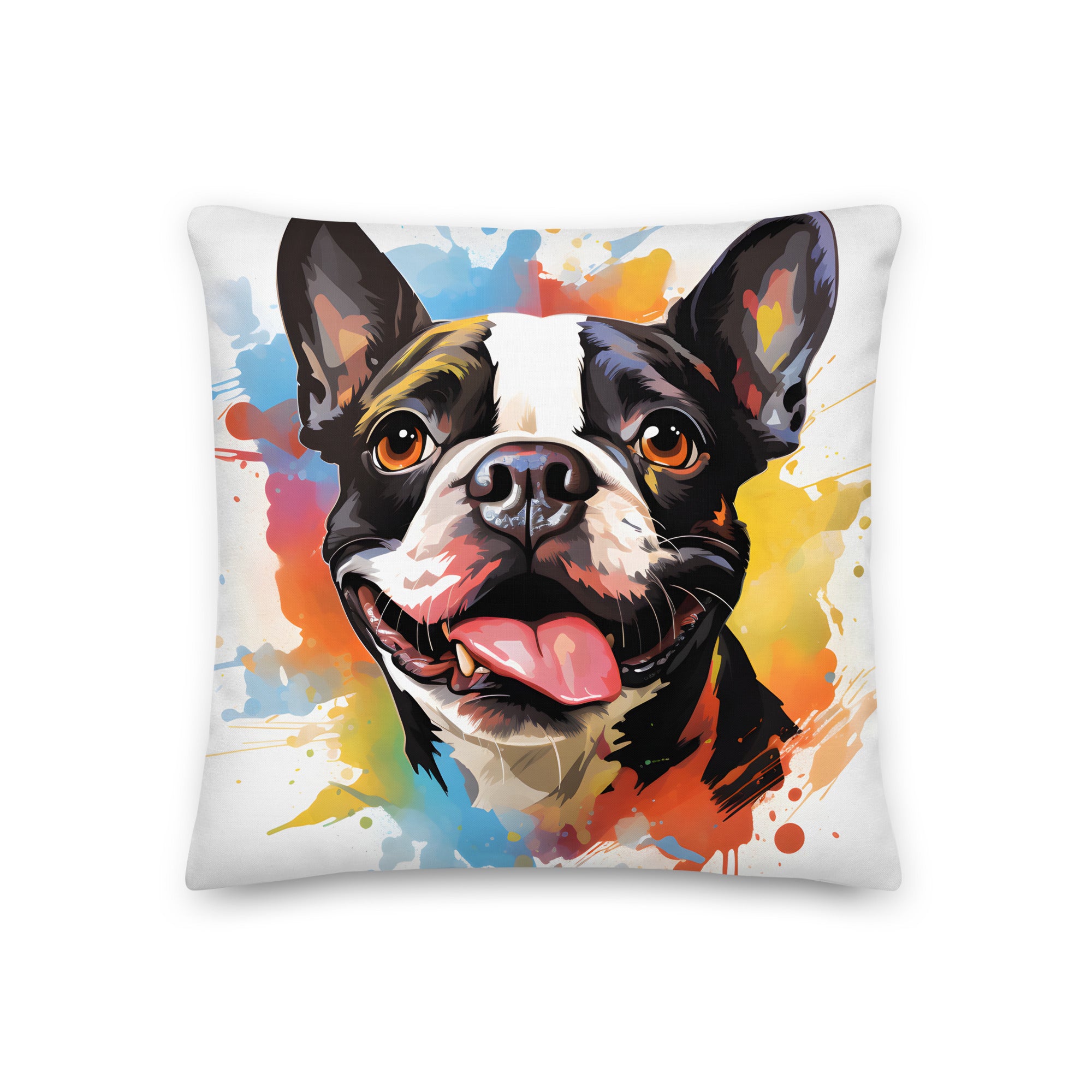 Colorful Playful Boston Terrier Dog Splash Art Premium Pillow