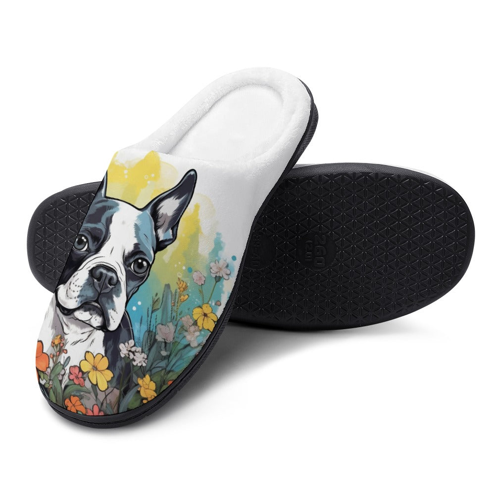 Boston Terrier Surrounded By Flowers Men's Cotton Slippers