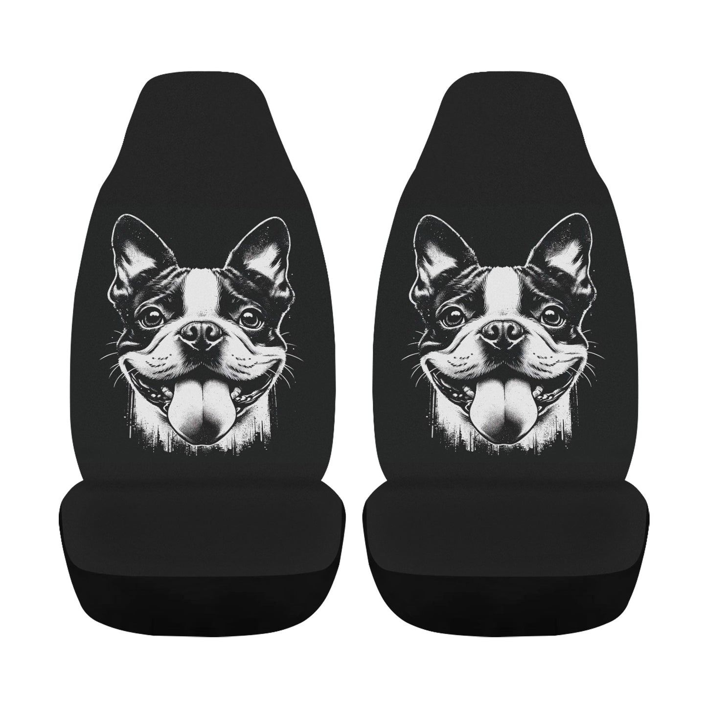 Grungy Boston Terrier Tongue Out Car Seat Cover Airbag Compatible (Set of 2)