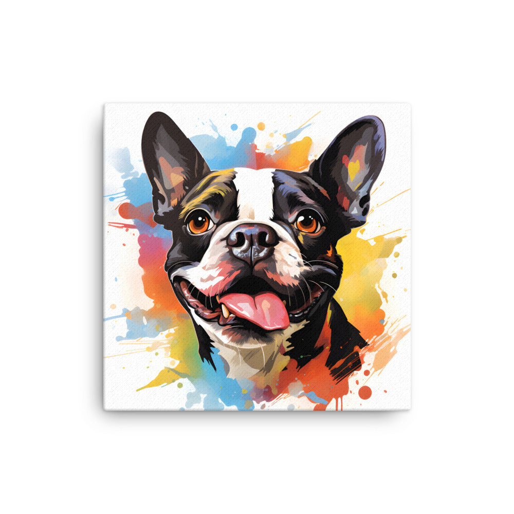 Colorful Playful Boston Terrier Dog Splash Art Canvas