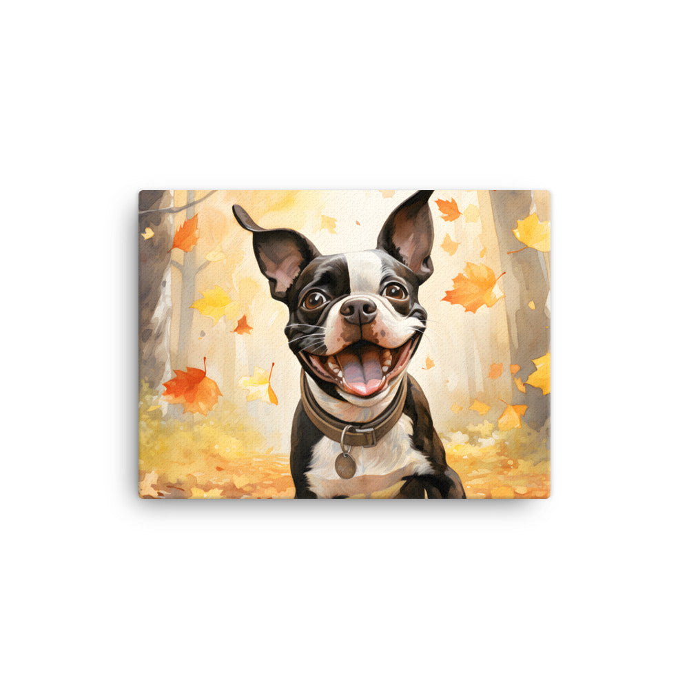 Cheerful Boston Terrier Dog Exploring A Park Watercolor Canvas