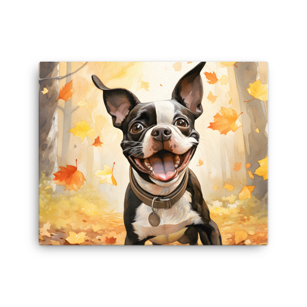 Cheerful Boston Terrier Dog Exploring A Park Watercolor Canvas