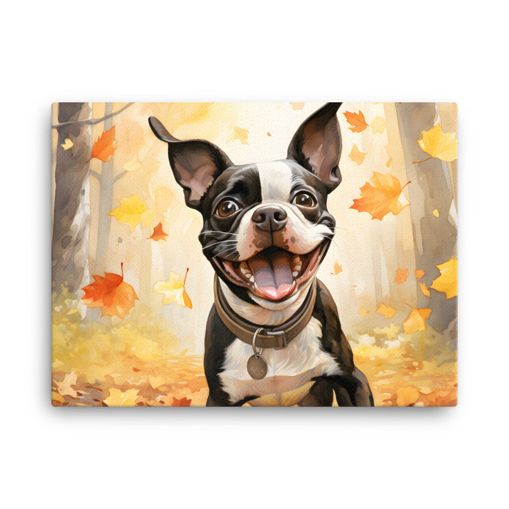 Cheerful Boston Terrier Dog Exploring A Park Watercolor Canvas